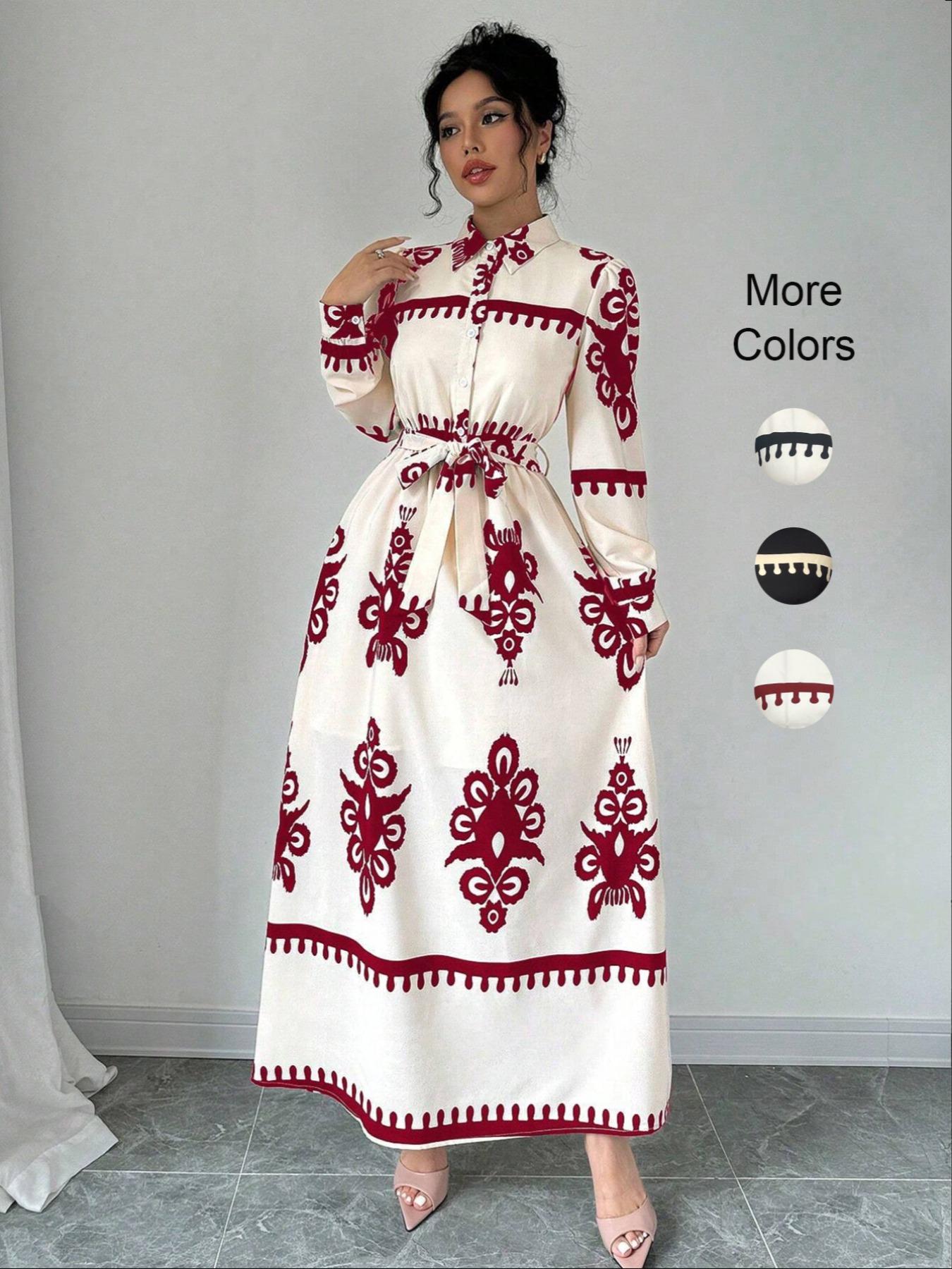 Women's Fashion Commuter Long Sleeve Button Front Fitted Shirt Dress with Belt, Classic Design, Geometric Pattern, Spring & Fall