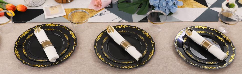 White Gold/Clear Gold/White Silver/Black Gold Plates ware Set: Dinner Plates,Dessert Plates, Cups,Napkins,Knife, forks, spoons-Perfect for Party