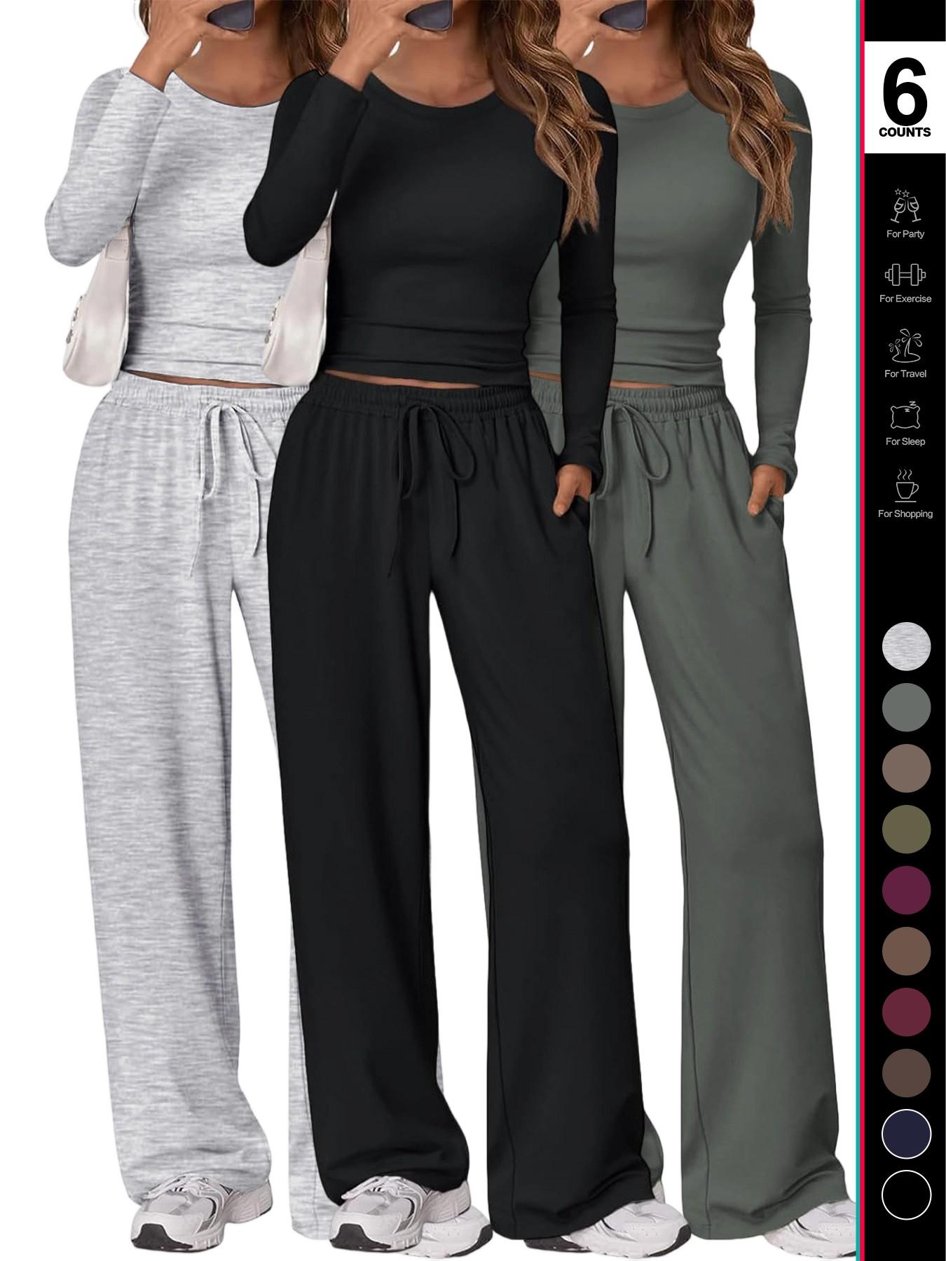 Women's 2 Piece Matching Lounge Set Long Sleeve Slightly Crop Top Wide Leg Pants Casual Sweatsuit 2026 Drawstring