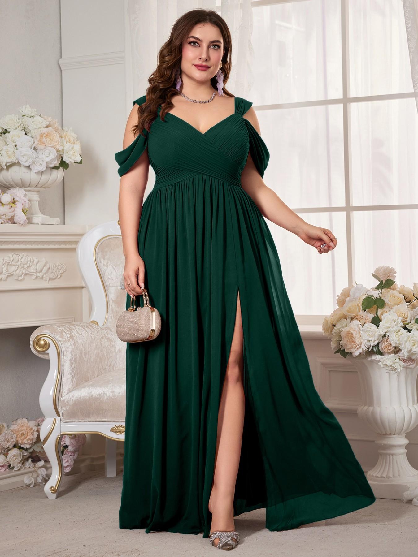 Plus Size Women's V-Neck Backless Waist Cinch Pleated High Split Skirt Maxi Dress, Elegant Chic Lightweight Chiffon Bridesmaid Party Formal Evening Gown, Pleated Dresses