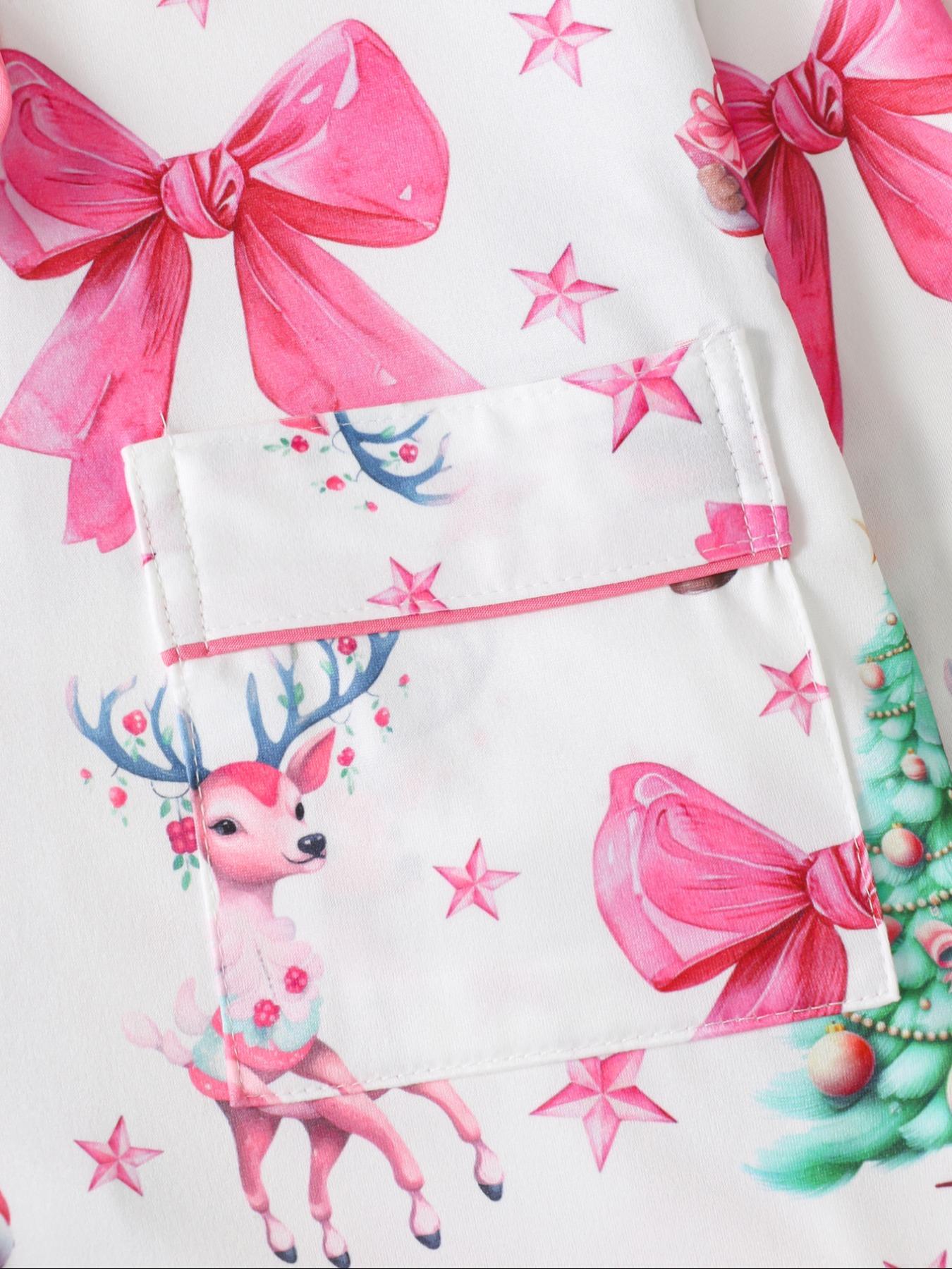 Two-piece Set Women's Christmas Print Button Front Pocket Shirt & Elastic Waist Pants Pyjama, Casual Comfy Long Sleeve Collared Top & Trousers Pajama Set, Women's Sleepwear for Spring & Fall