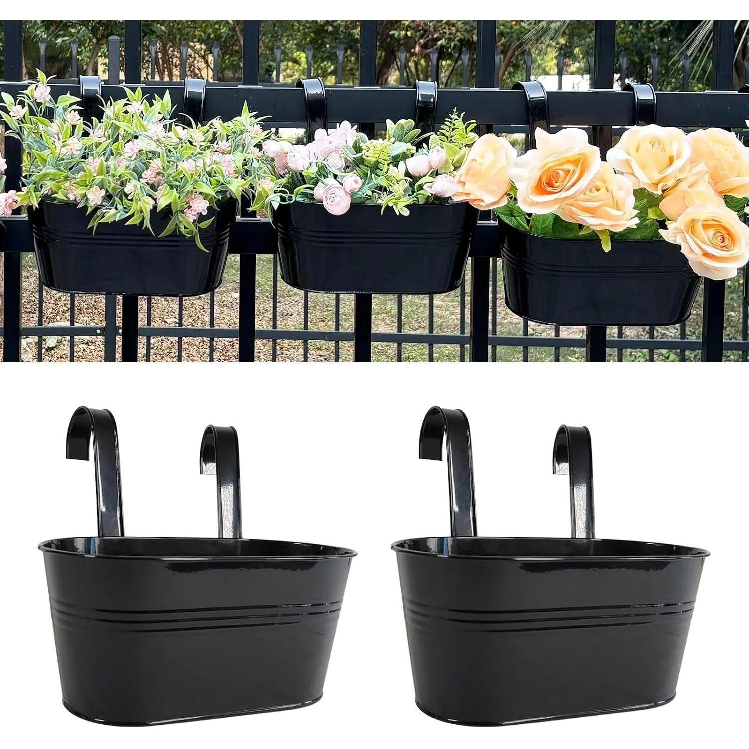 12" Balcony Railing Planters, Outdoor Hanging Planter for Fence, Stylish Metal Porch Deck Flower Pot for Herbs & Succulents (Black, Pack of 2)