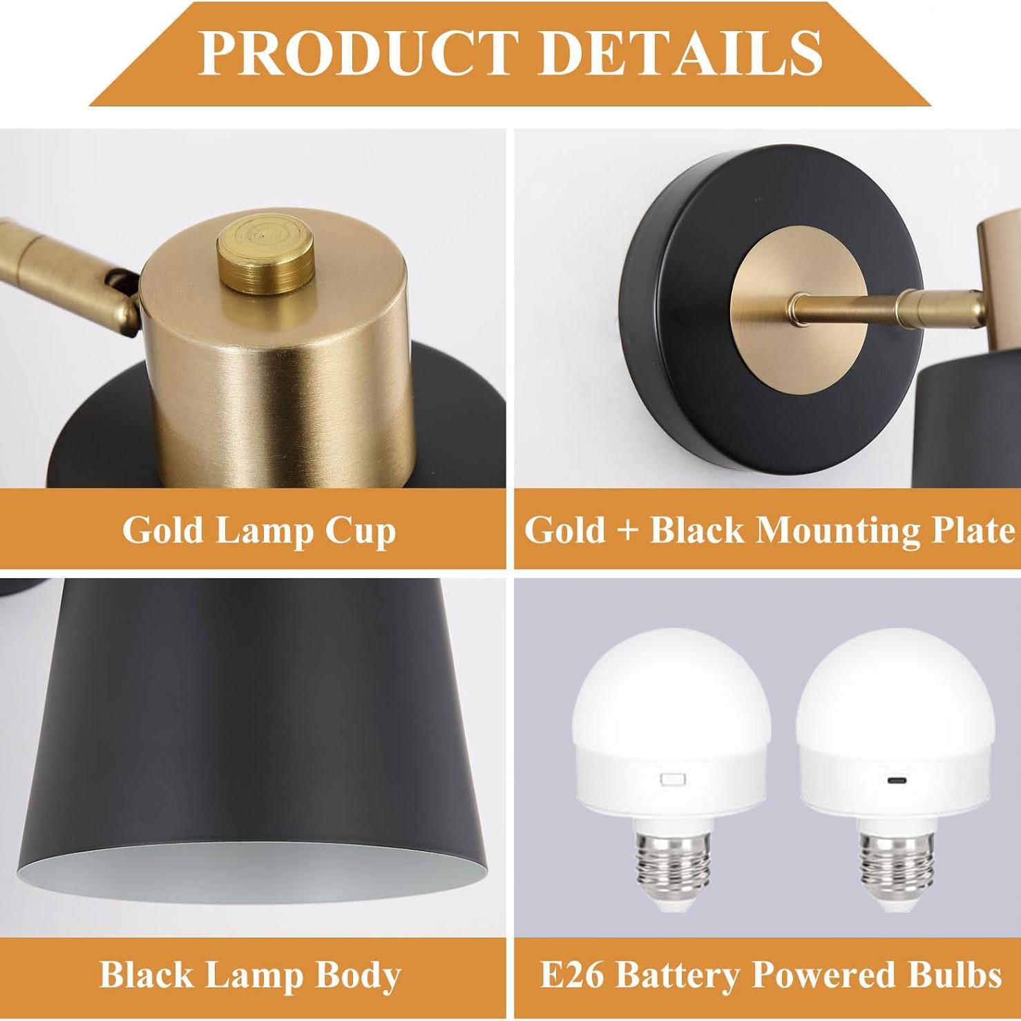 2-Pack Battery-Powered Wall Lamp, Black/Gold, Rechargeable Wall Light, Adjustable Bulb with Remote, 12 Colors, for Bedroom Living Room