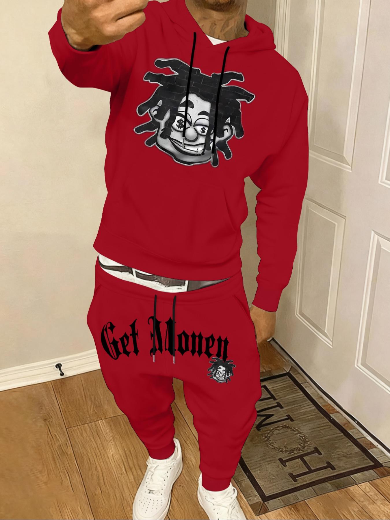 YYT1 Men's 2-Piece Fall Winter Casual Graphic Sweatshirt Set (Menswear Casual Wear), Hooded Long-Sleeve Letter Print Top + Drawstring Waist Pants, Thick Fitted Sports & Outdoor Outfit, Letter Prints