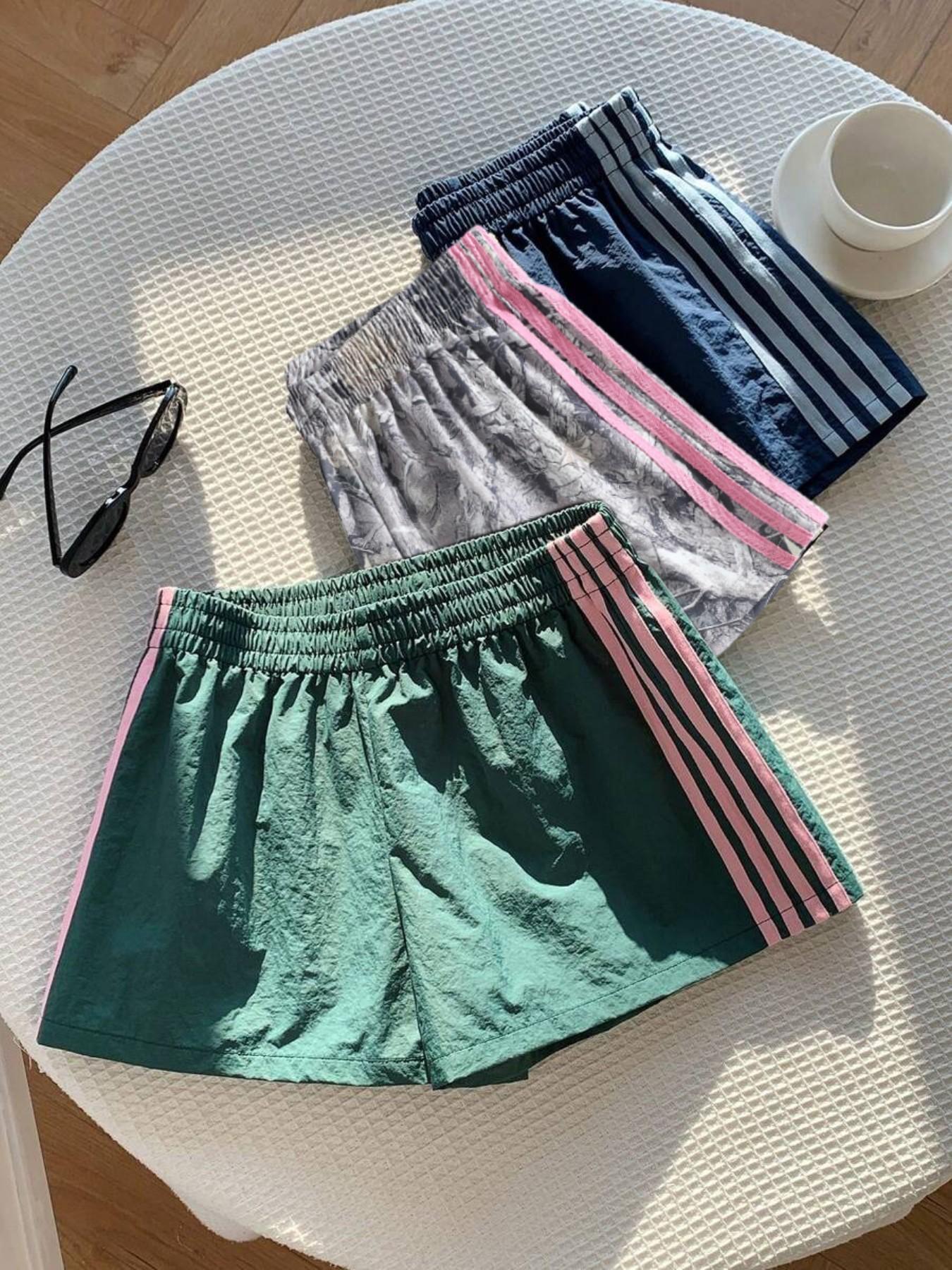 Trendy Comfortable 3-Piece Women's Casual Loose Short Pants, Side Stripe Design, Striped, Elastic Waist, Perfect for Spring Summer Carnival Activities, Casual Fashionable Shorts