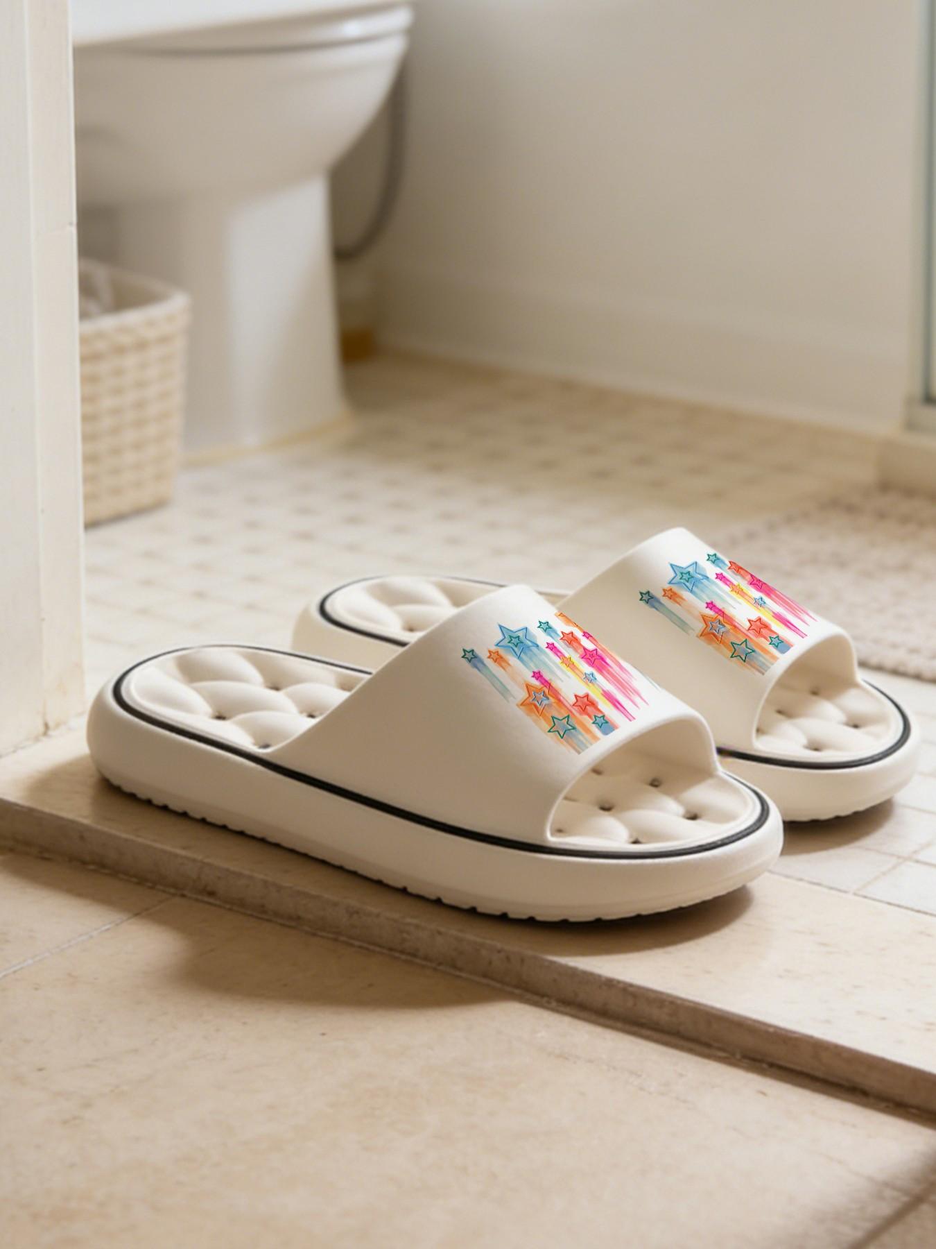 1 Pair Rainbow Shooting Star Themed Printed Hollow Massage Thick Sole Slippers, Sweet Cool Girl Style, Non-slip Soft Sole, Quick-dry for Bathroom, Indoor & Outdoor Dual-use, Open Toe Slides, Bathroom Casual Slippers