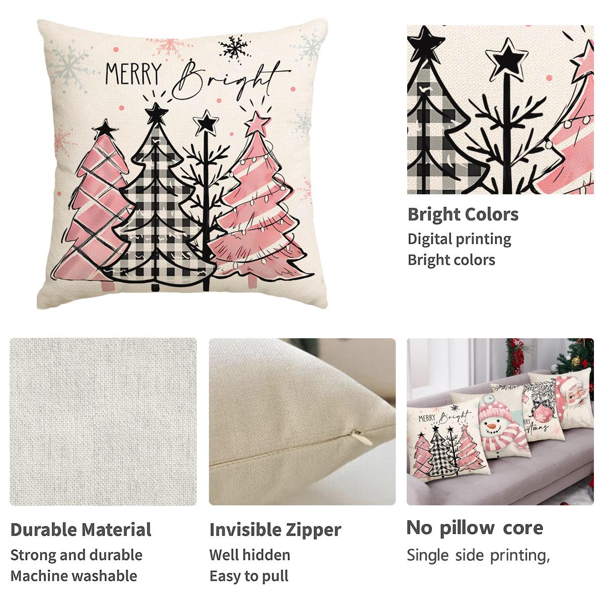 4pcs Christmas Pillow Cover, Santa Claus, Christmas Tree Snowman Pattern Single sided Printed Cushion Cover, Suitable for Christmas Bedroom, Living Room, Sofa, Farmhouse, Bed, Car Decoration Cushion Pillow Cover (No Pillow Core)