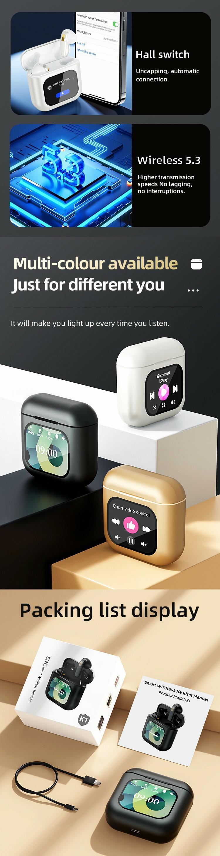 Wireless Touchscreen Earbuds with Smart Touch Screen Case - True Wireless Bluetooth ANC Active Noise Cancelling Earbuds - Blue Tooth Earphones for iPhone Android In Ear Headphones