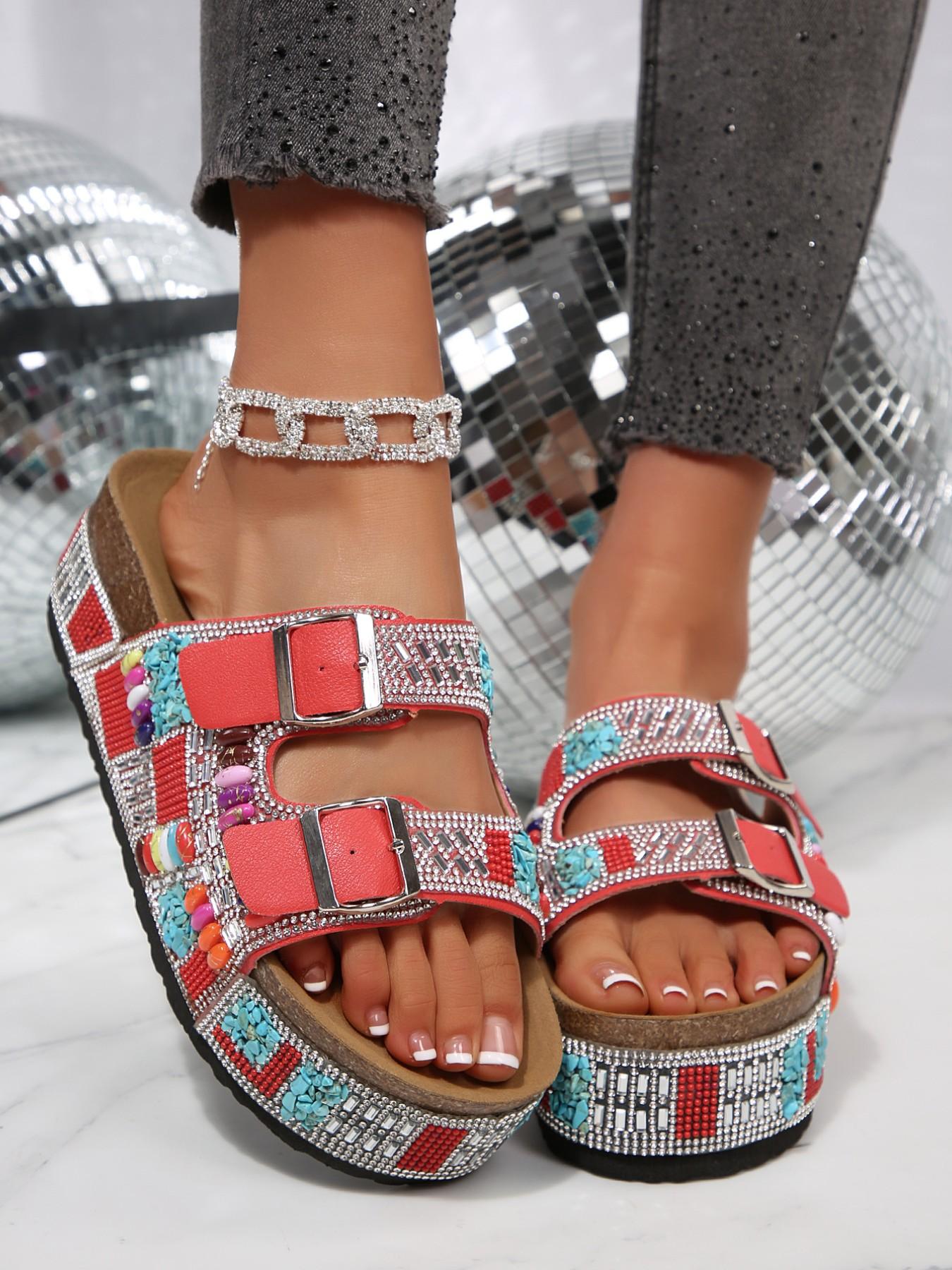 Women's Pearl and Sequin Decorated Flat Sandals, Fashionable Summer Shoes, Casual Open-Toe Walking Shoes, Back-To-School Essential, Footwear, Fashionable Slide Sandals