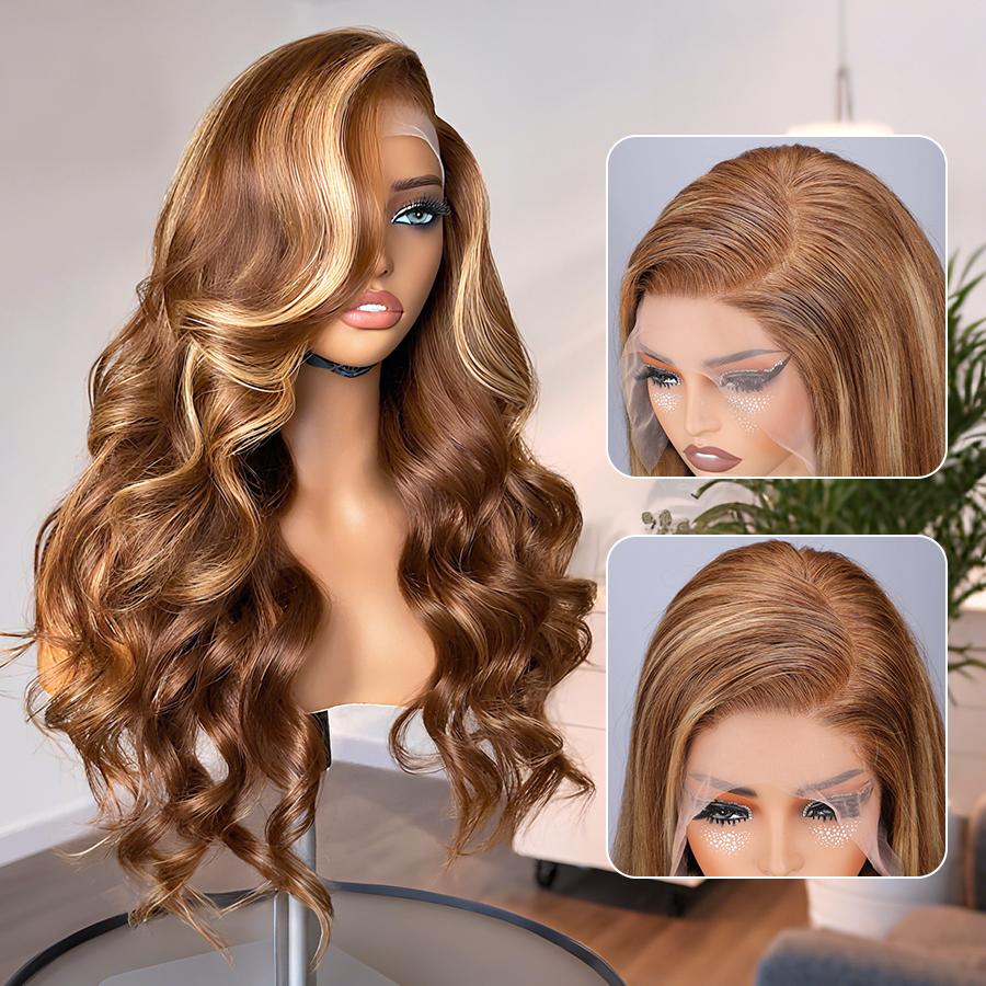 Pizazz Hair Honey Blonde Lace Wig Human Hair 220 Density 4/27 Highlight Ombred Colored 13x6 HD Lace Front Wigs Human Hair Body Wave Lace Front Wig Human Hair Pre Plucked Lace Frontal Wigs Human Hair for Women