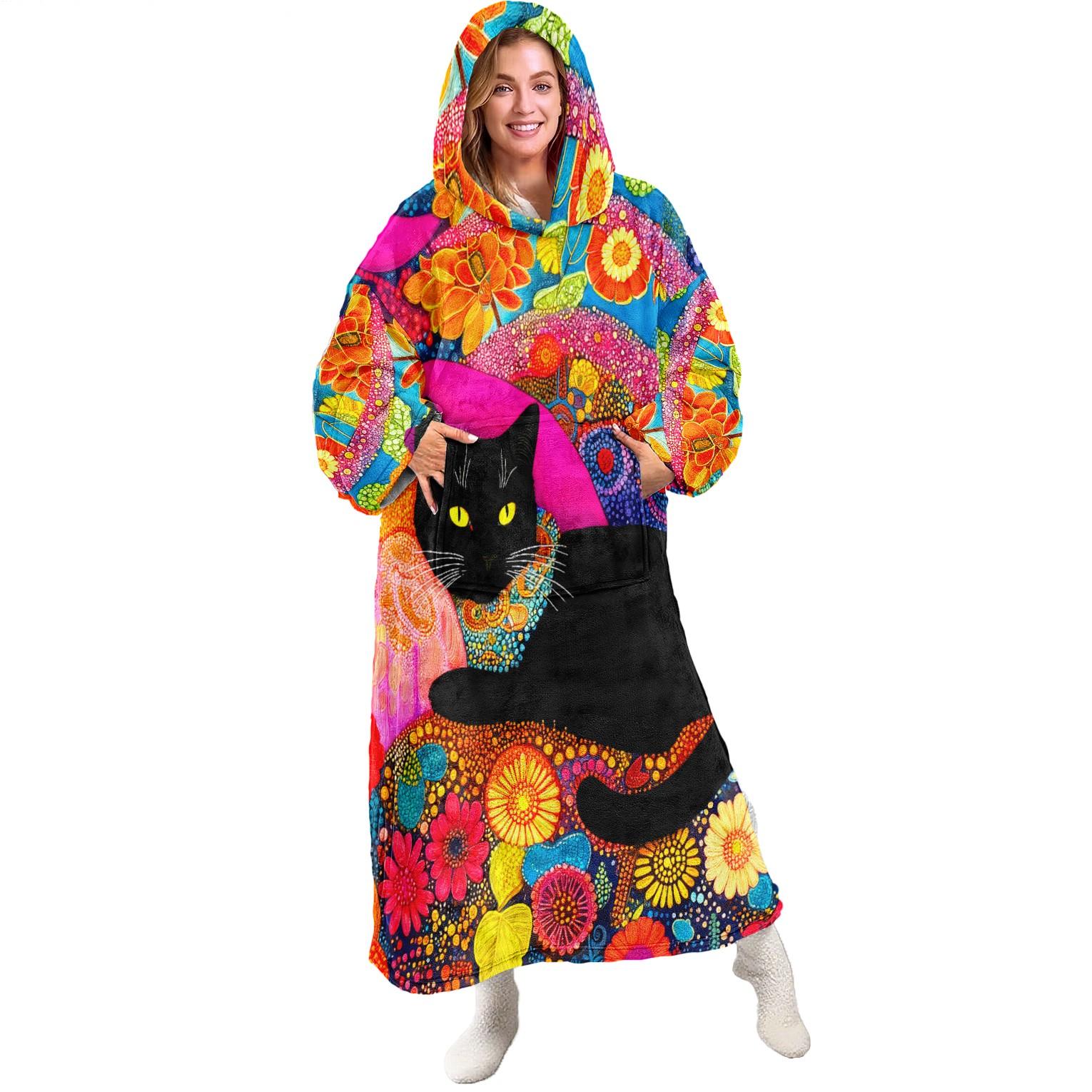 Hooded Blanket Wearable Throw, Vintage Cat Print Hoodie Blanket, Soft Warm Flannel Blanket for Sofa Home Leisure Air Conditioning Nap Office Bed Camping Travel Valentine's Gift