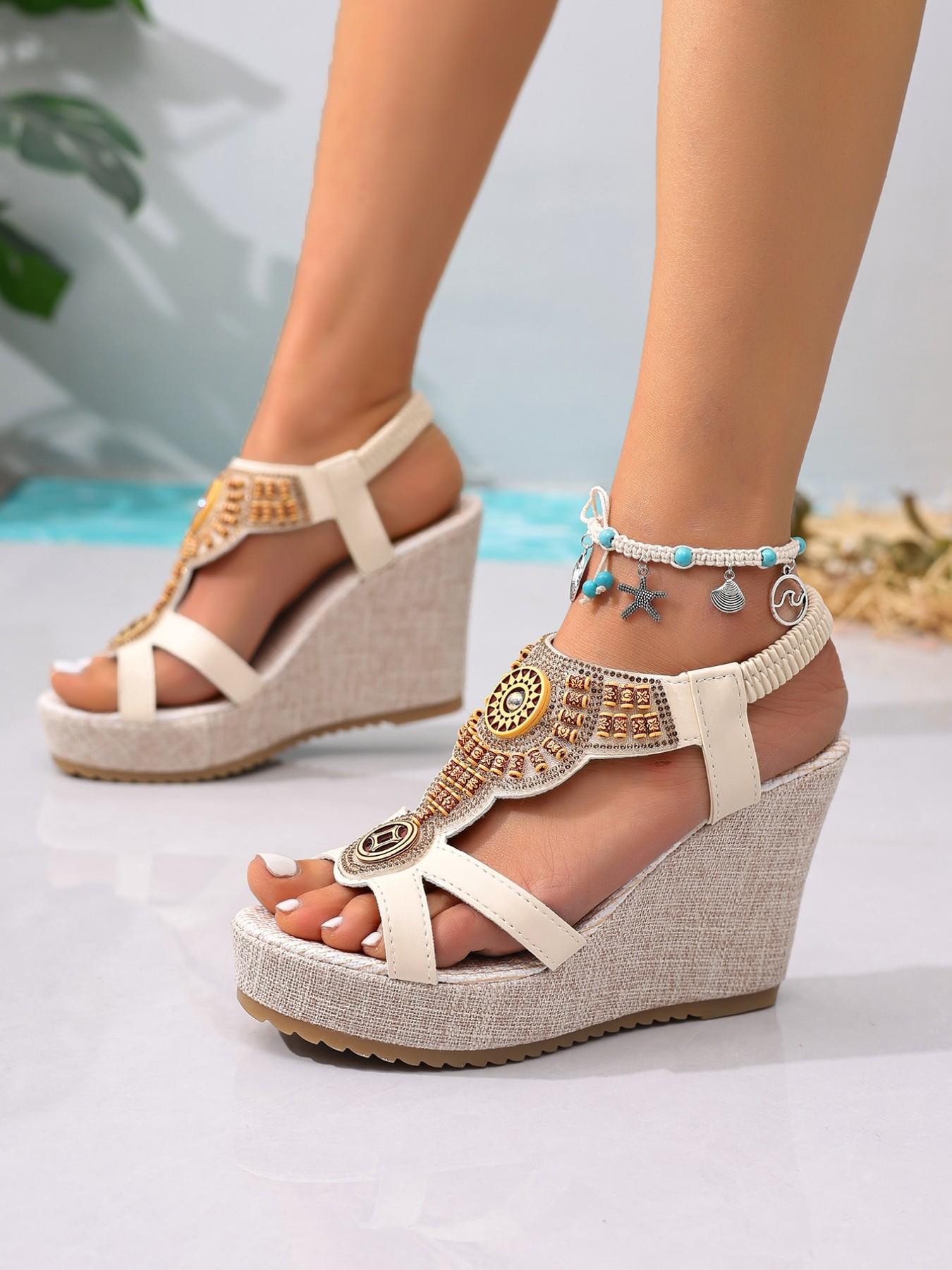2026 Summer New Fashion Wedge Sandals for Women, Bohemian Style Metal Decor Thick Sole Roman Shoes, Party Vacation Photo Footwear