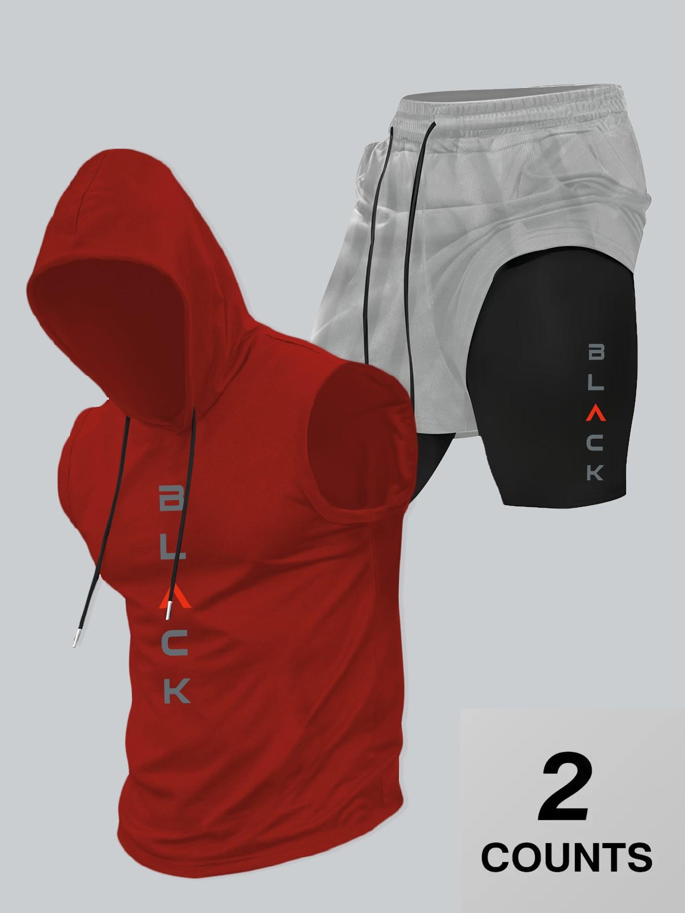 Two-Piece Set Men's Hooded Graphic Tank Top & Shorts Set, Regular Fit Casual Sleeveless Top & Shorts, Men's Clothing Set for Summer
