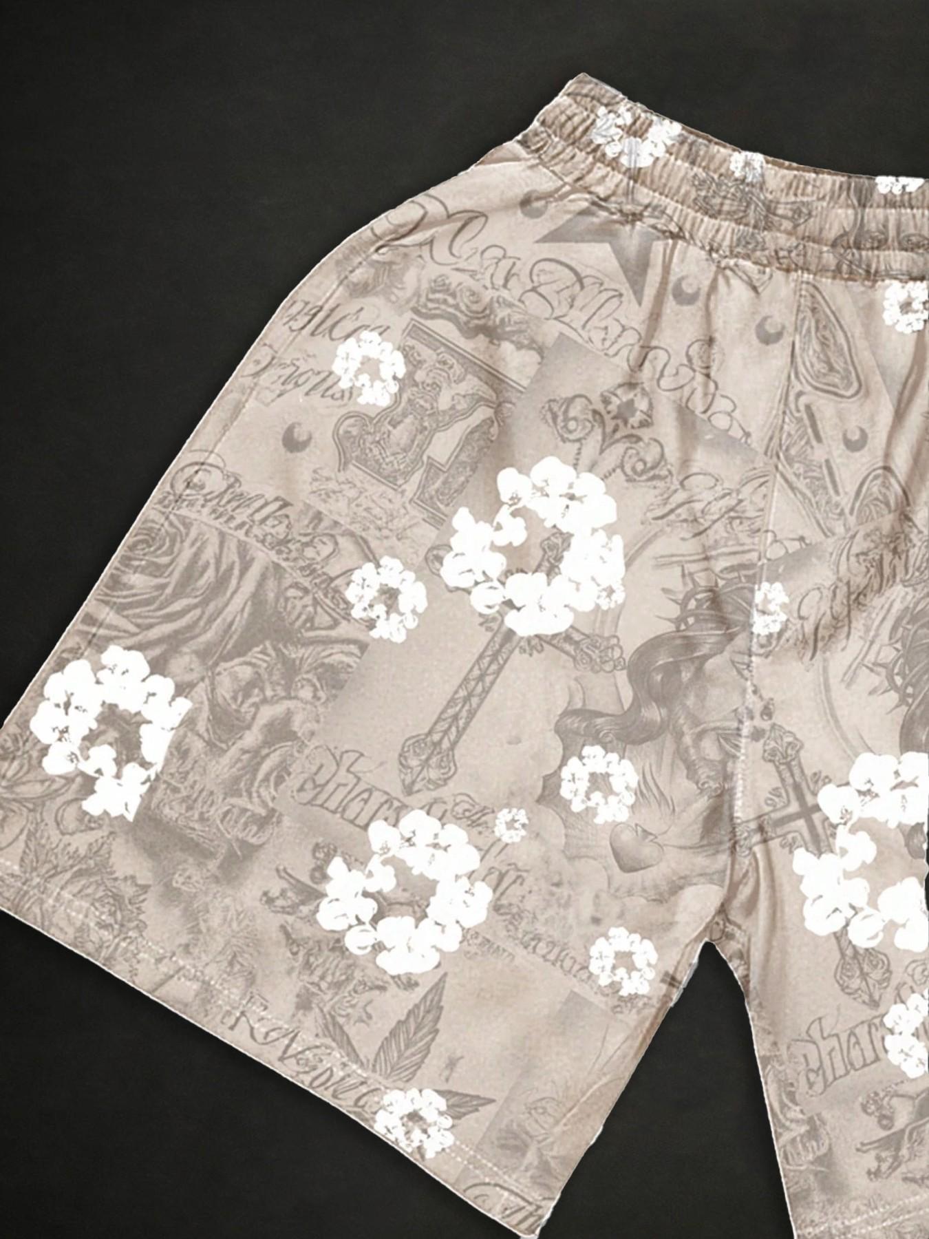 Unisex Jesus Religious Cherry Blossom Print Oversized Drawstring Casual Shorts | Y2K Gothic Japanese Aesthetic High Street American Retro Streetwear Beach Shorts