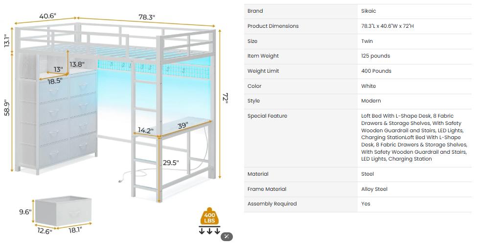 Sikaic Twin Size Loft Bed with Desk and 8 Storage Drawers Metal Loft Bed with LED Lights & Charging Sation, Storage Shelves, 13.1" H Safety Guard & Ladder Bedroom Bedframe Bedroom Furniture