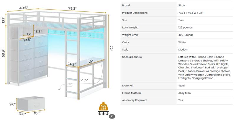 Sikaic Twin Size Loft Bed with Desk and 8 Storage Drawers Metal Loft Bed with LED Lights & Charging Sation, Storage Shelves, 13.1" H Safety Guard & Ladder Bedroom Bedframe Bedroom Furniture