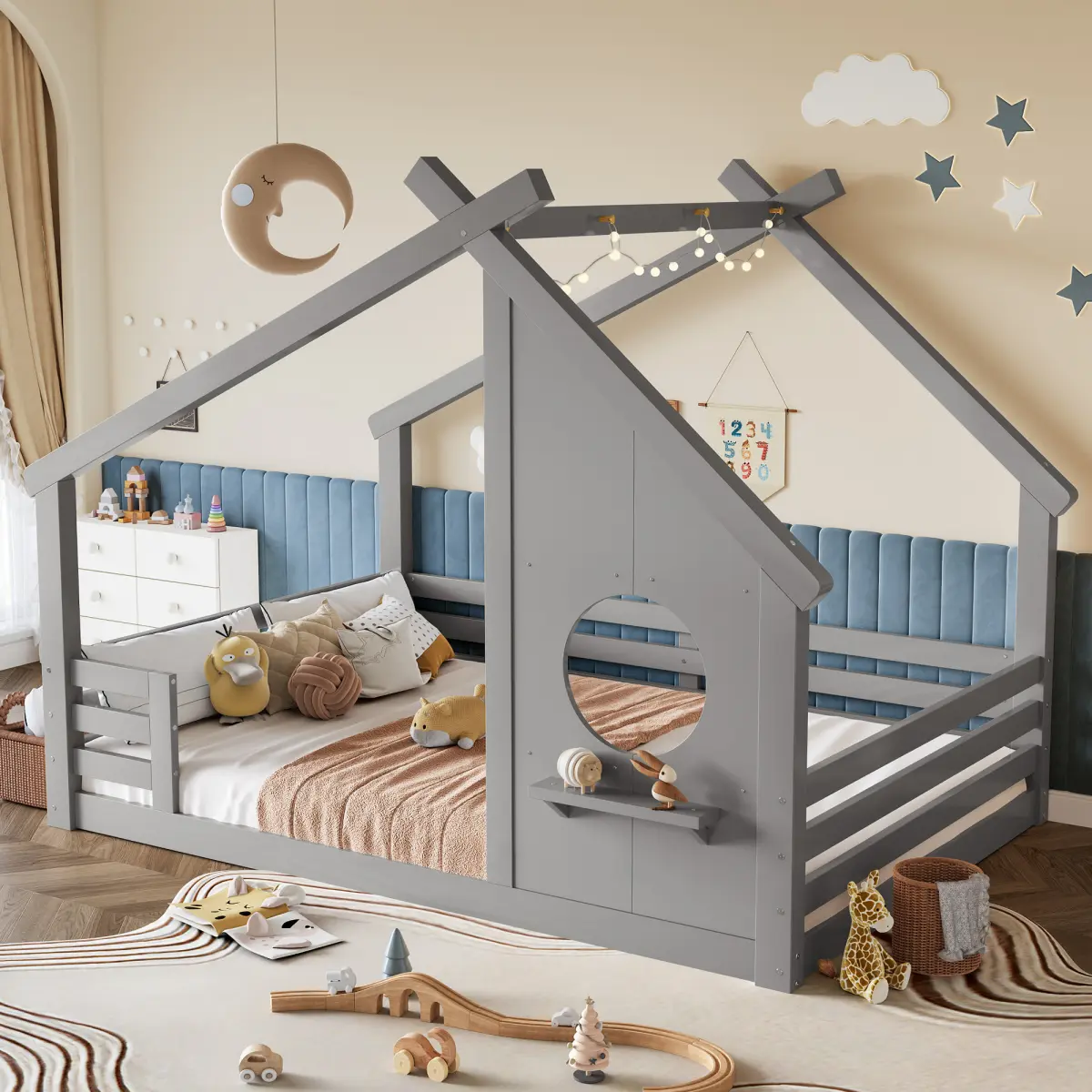Twin Full House Floor Bed with Window and a Small Shelf, Bedframe Daybed Platform Bed,Solid Wood Floor Bed with House-shaped Roof, No Spring Box Needed