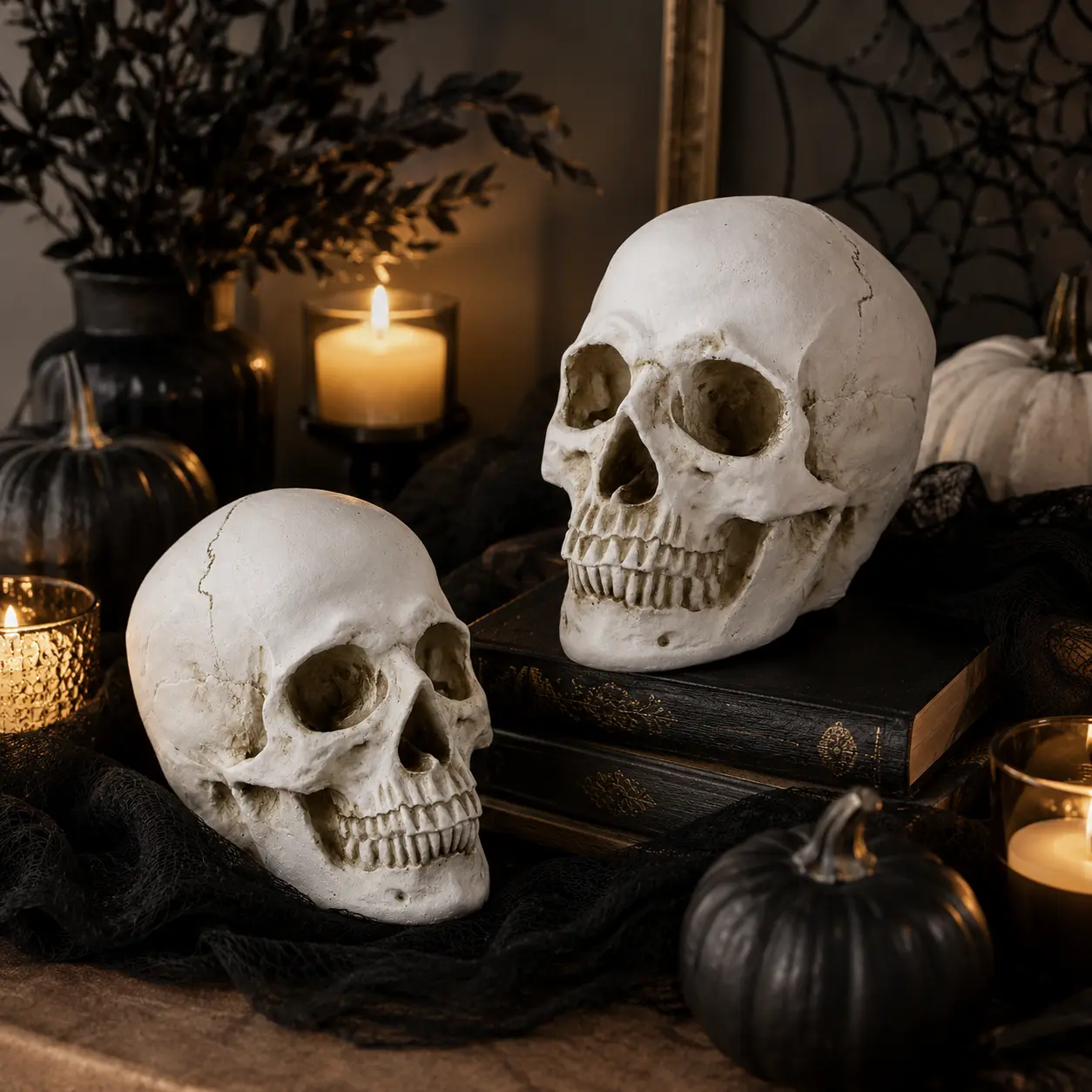 Realistic Halloween Skull Decoration, Faux Human Skull Prop for Haunted House, Gothic Room Decor, Spooky Party Table Centerpiece, Creepy Bone-Look Skull Statue for Halloween Display, Horror Theme Decor, Photo Prop, Gift
