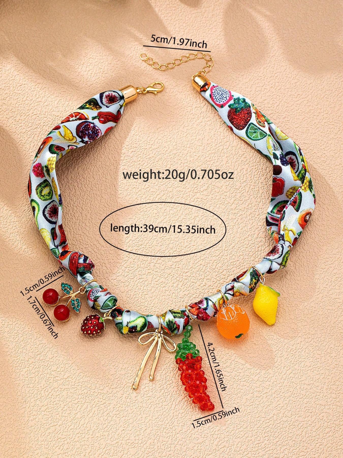 Boho Tropical Fruit Pendant Necklace, Summer Boho Scarf Necklace with Lemon Chili Cherry Pendants, Casual Women's Jewelry Accessory