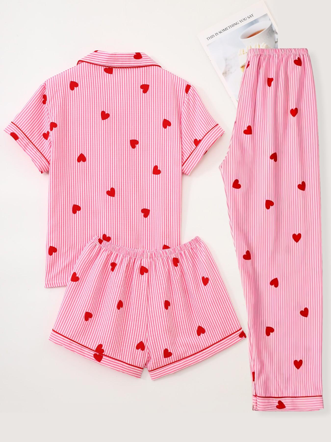 Women's Sleepwear Set, Short Sleeve Cardigan Top + Shorts + Long Pants, Striped Heart Print, Casual Fitted Style, All over Print
