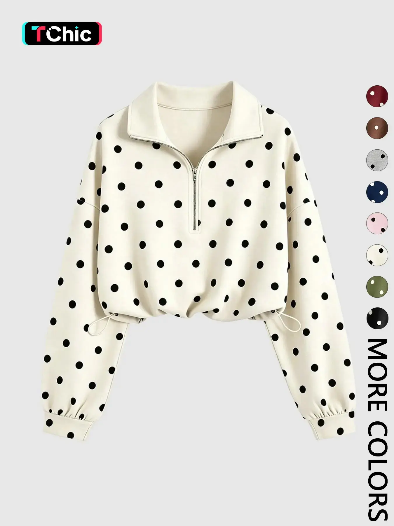 Women's Polka Dot Half Zip Collared Cropped Sweatshirt Drop Shoulder Long Sleeve Pullover Adjustable Drawstring Hem Loose Oversized Trendy Dot Pattern Top Casual Streetwear Blouse