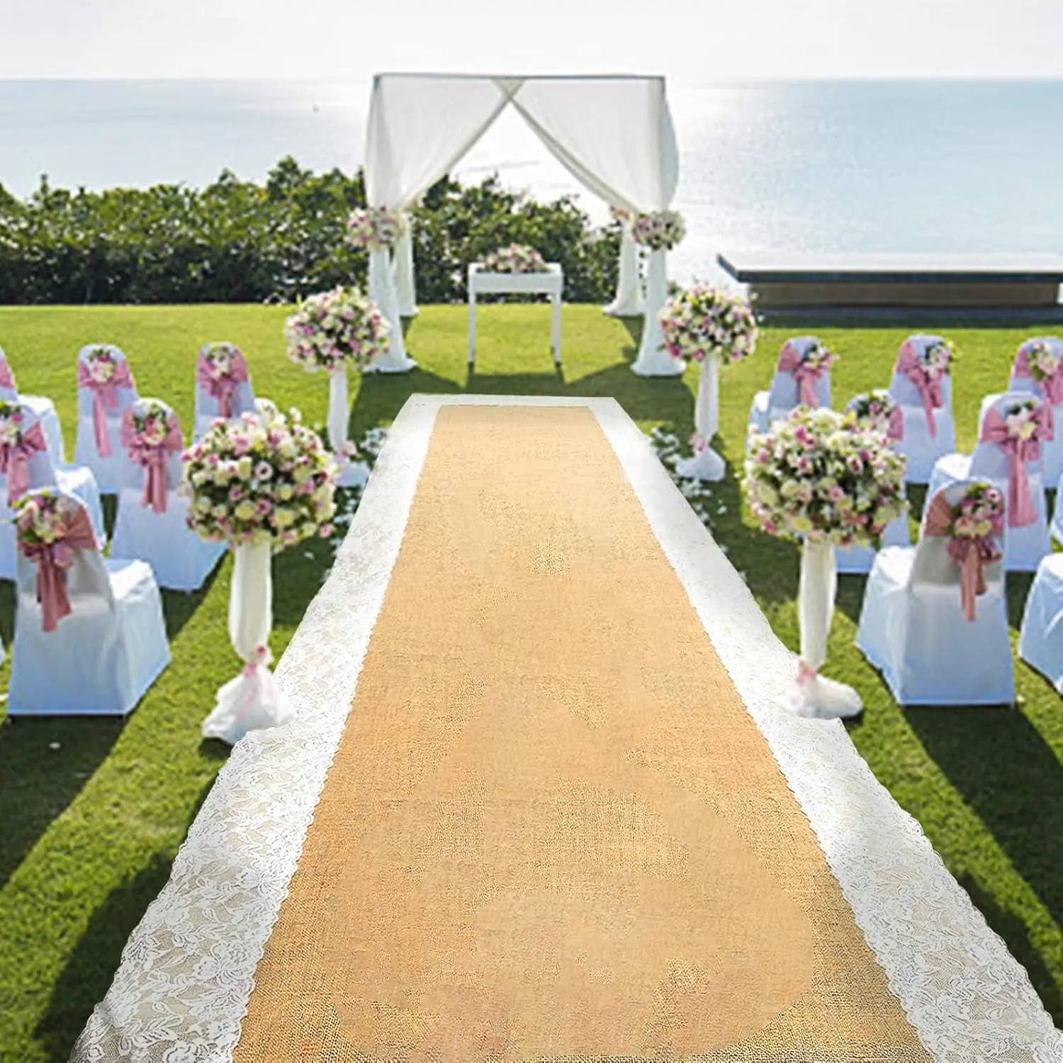 Burlap Aisle Runner for Wedding Ceremony, 3ft x 20ft Natural Burlap Wedding Aisle Runner with Lace, Jute Vintage Seamless Rustic Charm Wedding Runner Aisle Outdoor, Jute