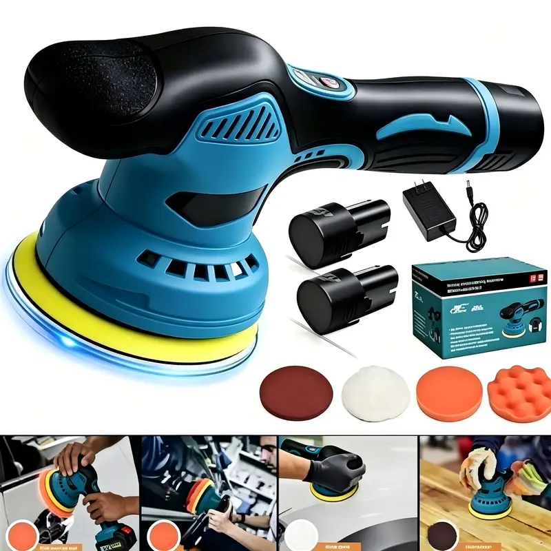 This cordless car polishing machine features adjustable speed, with a rotation speed range of 2800-5500 RPM, and is suitable for car waxing, polishing, and scratch removal