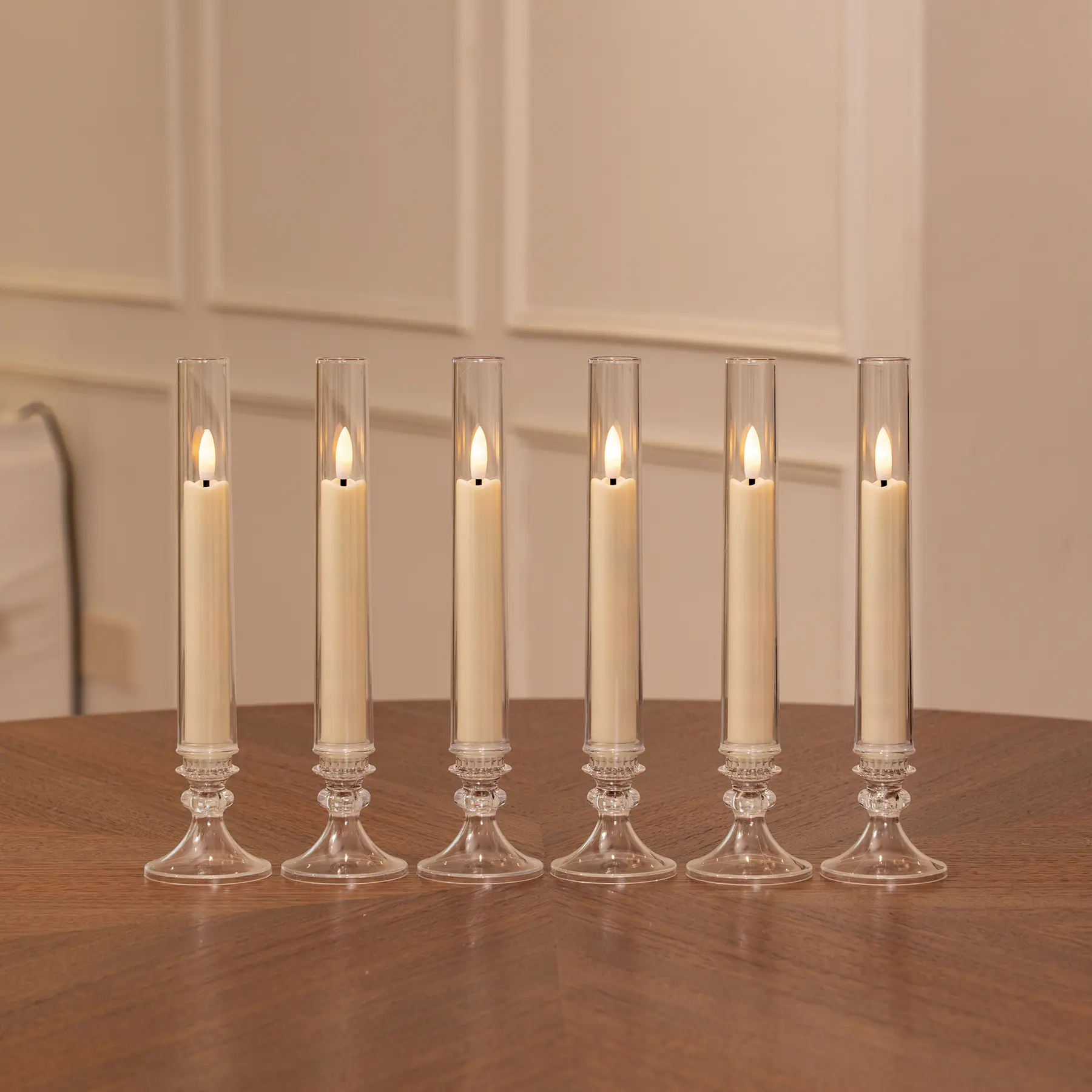 STARHILL Flameless Candlestick Set of 6, Ivory Cylindrical LED Candles with Clear Shade & Base, 9.57" Battery Operated Remote Control with Timer for Wedding Holiday Home Decor