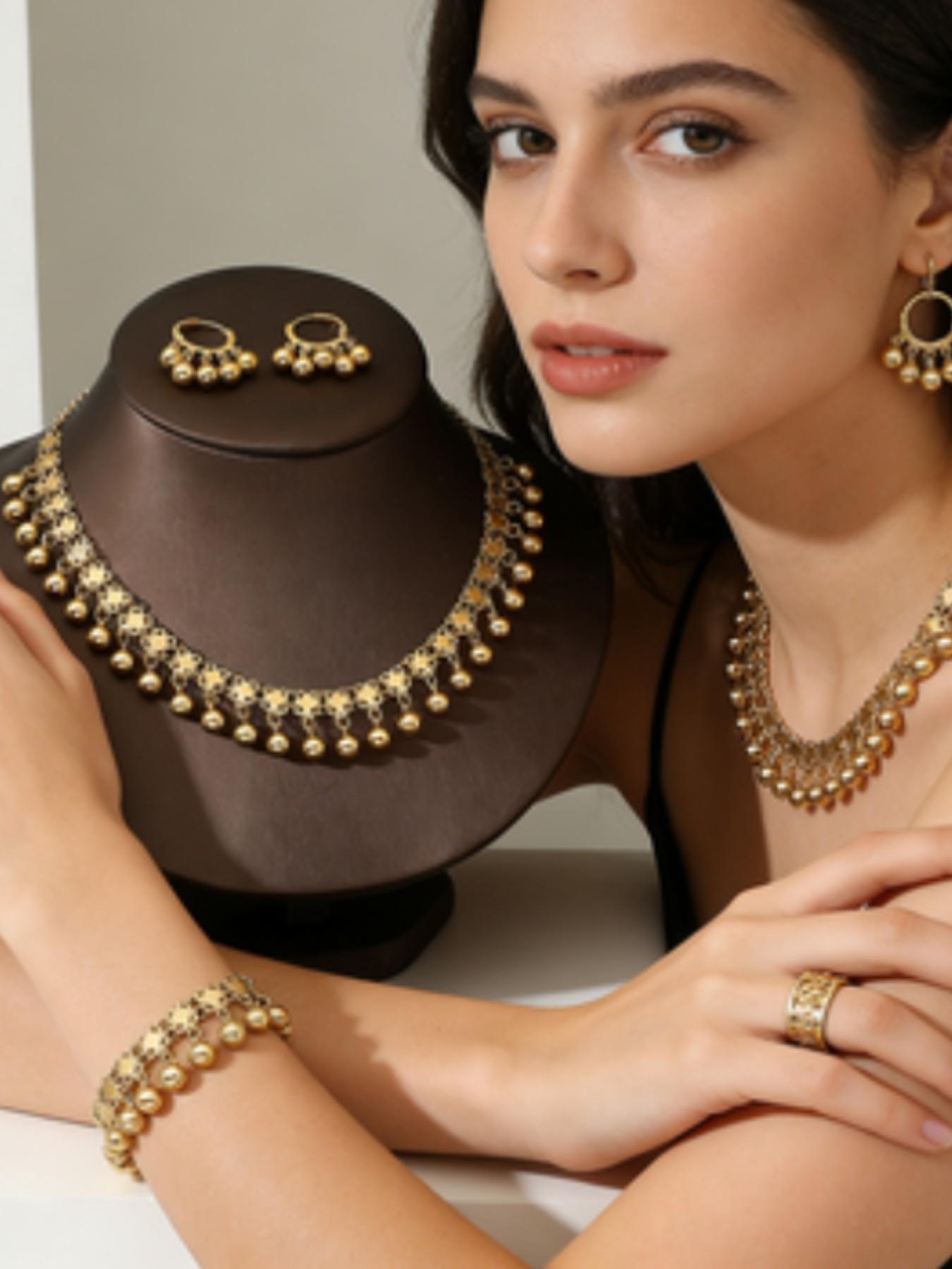 3 Piece Vintage Gold Bead Bell Necklace Set, Women's Unique Long Sweater Chain, Bridal Party Jewelry Gift, Casual Style