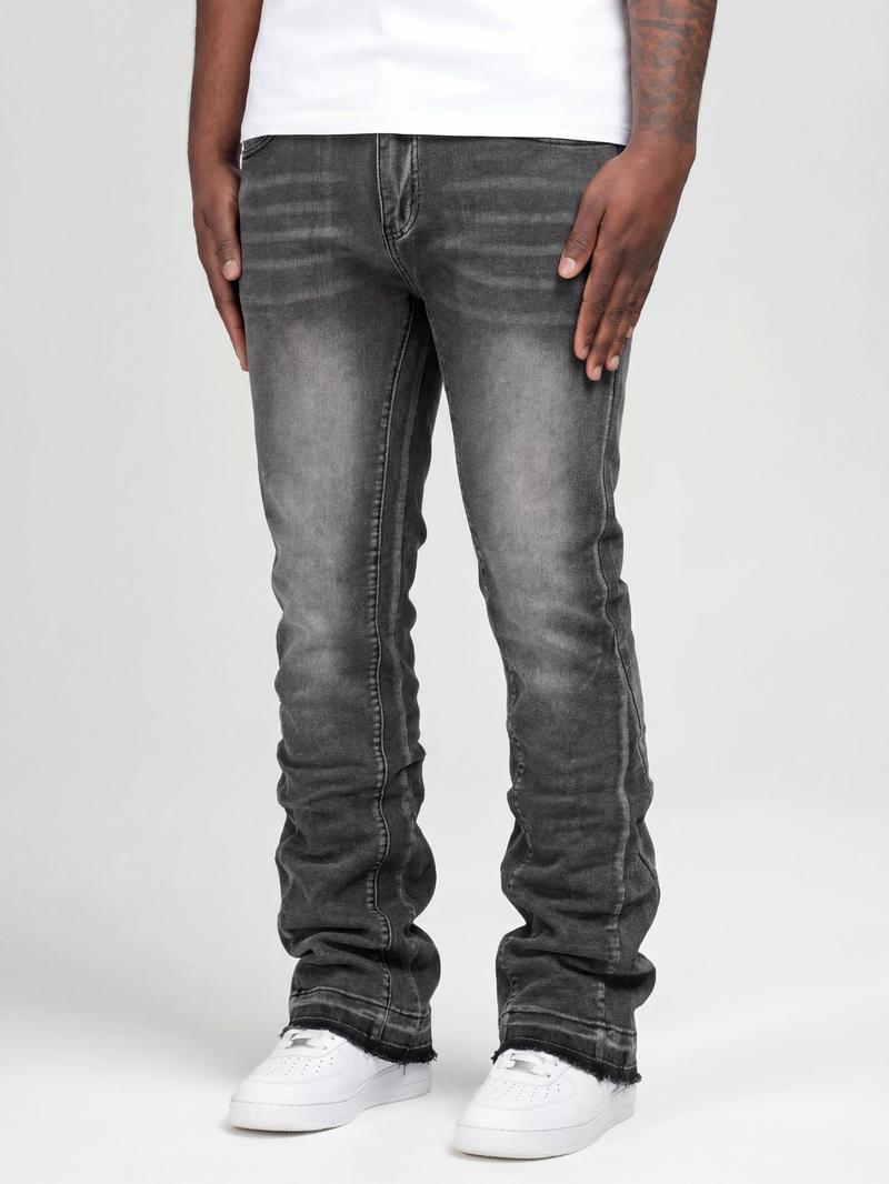 Men's Deep Washed Vintage Slim Fit Bell Bottom Jeans, Trendy Versatile Rock American Streetwear Denim Jeans