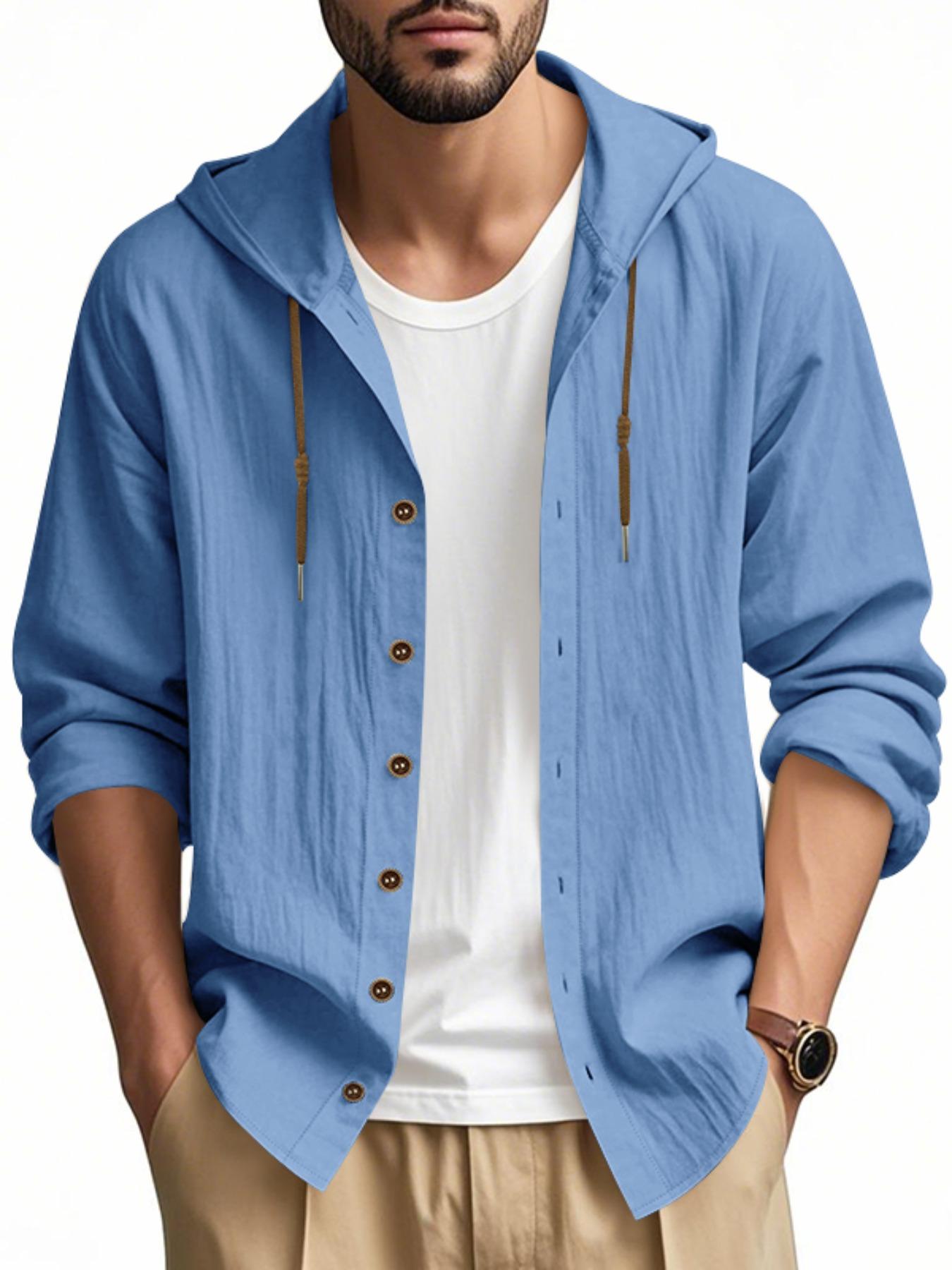 Hooded Linen Long Sleeve Shirt Jacket, Hawaiian Style Casual Loose Fit, Drawstring & Button Design, Spring & Fall Fashion, Beach Vacation Essential
