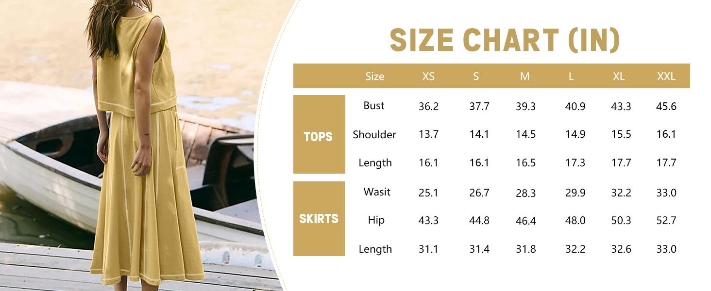 UANEO Women's Two Piece Venetia Skirt Set Summer Casual Matching Outfits Pockets Sleeveless Cropped Top Elastic Waist Midi Flowing Maxi Skirt