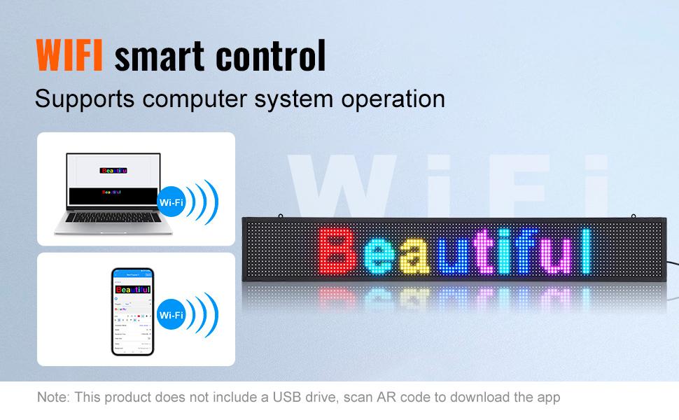 VEVOR LED Message Board, P10 Full Color Scrolling Display, Customizable Text and Animation via WIFI or USB, Ideal for Retail, Parties, and Bars, 52x8