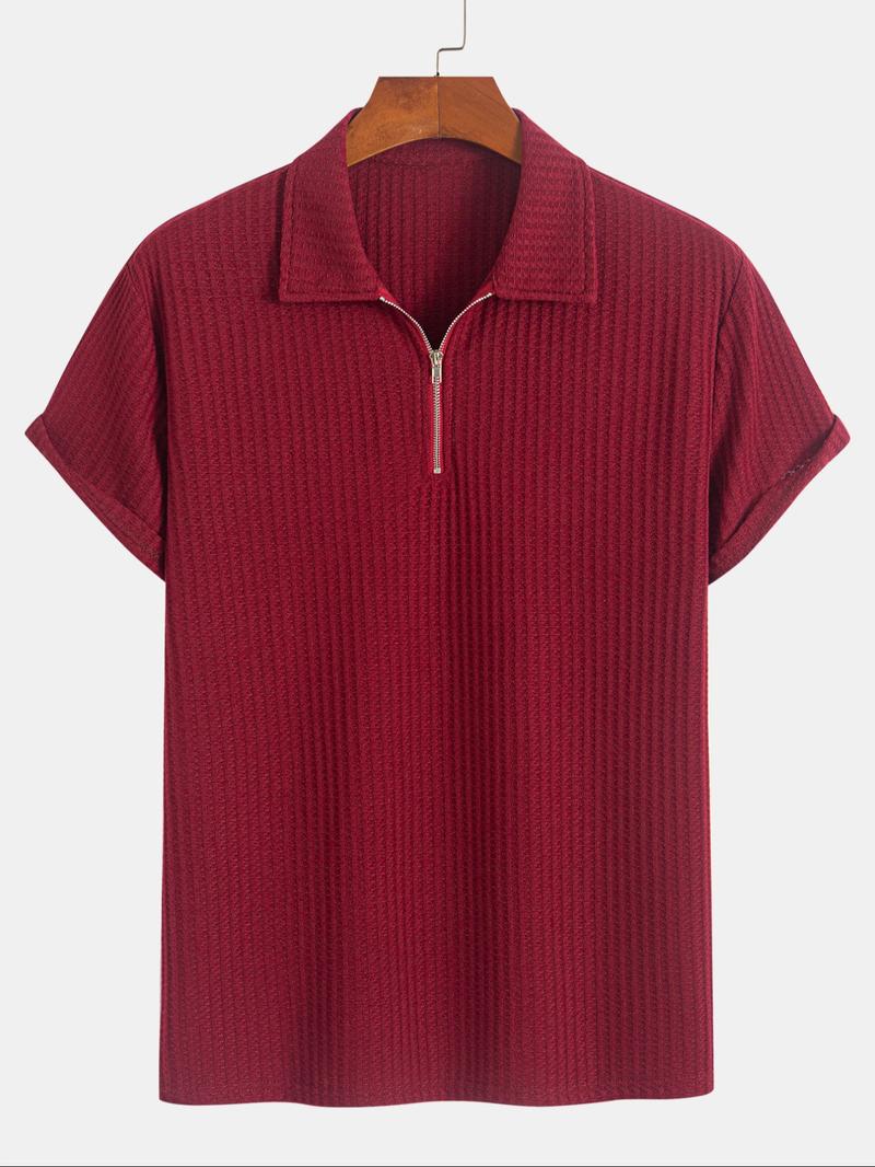 Men's Solid Ribbed Short Sleeve Knitted Polo Shirt, Solid Zipper Polo, Regular Fit Casual Breathable Comfy Top for Summer, Men's Clothes for Daily Wear