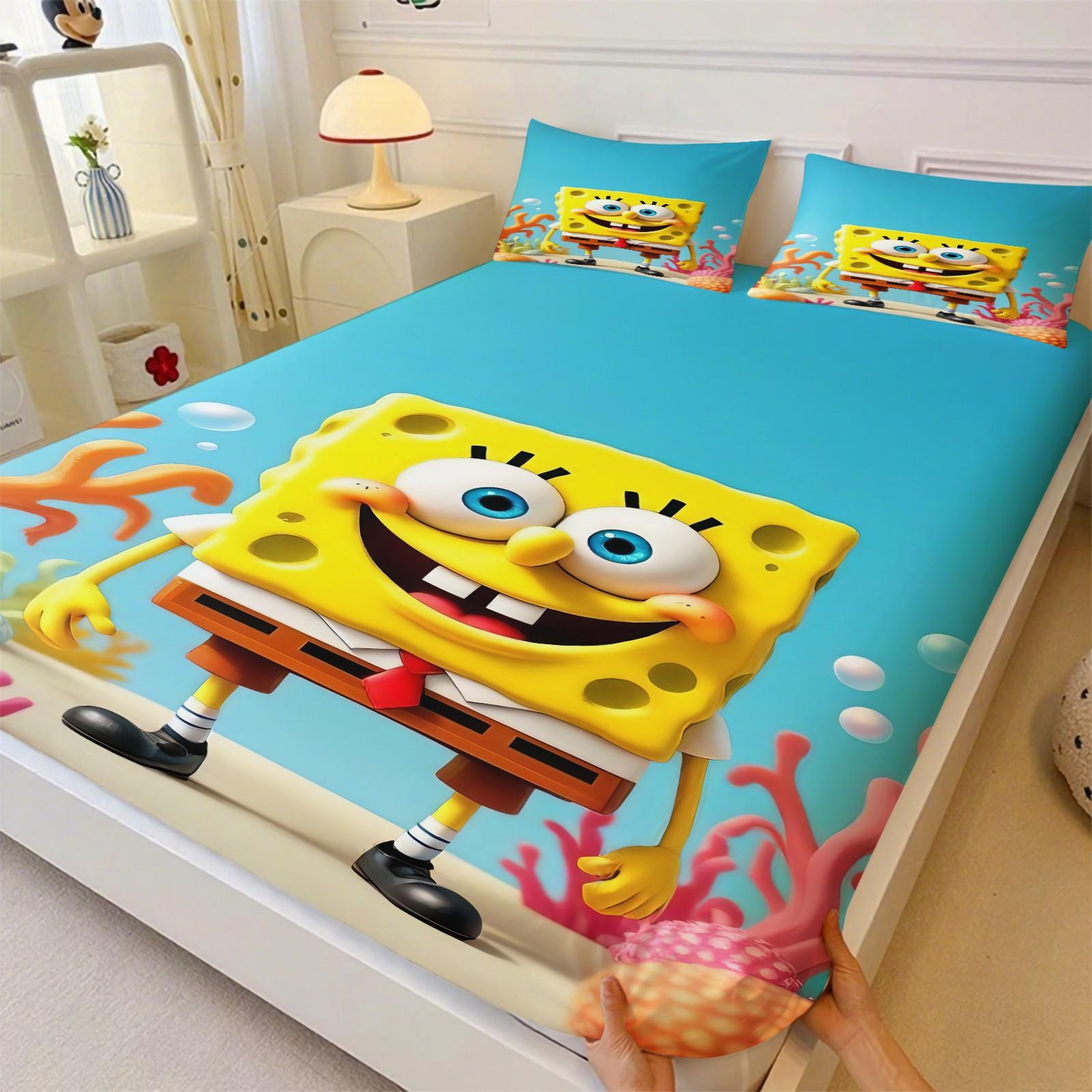 3 Piece Spongebob Pattern Fitted Sheet Set, Soft And Durable Bedding Set Includes 1 Piece Flat Sheet And 2 Pieces Pillowcases, Daily Holiday Birthday Gift Bedroom Decorations For Kids And Adults