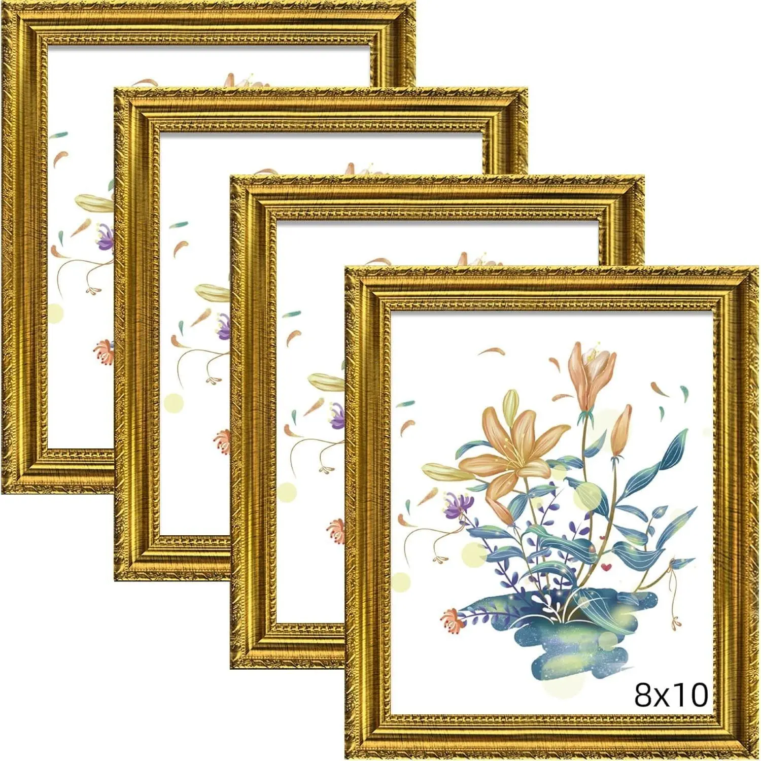 8x10 Picture Frame Gold with Real Glass, Ornate Vintage 8 x 10 Photo Frames for Wall and Tabletop Display, Set of 4