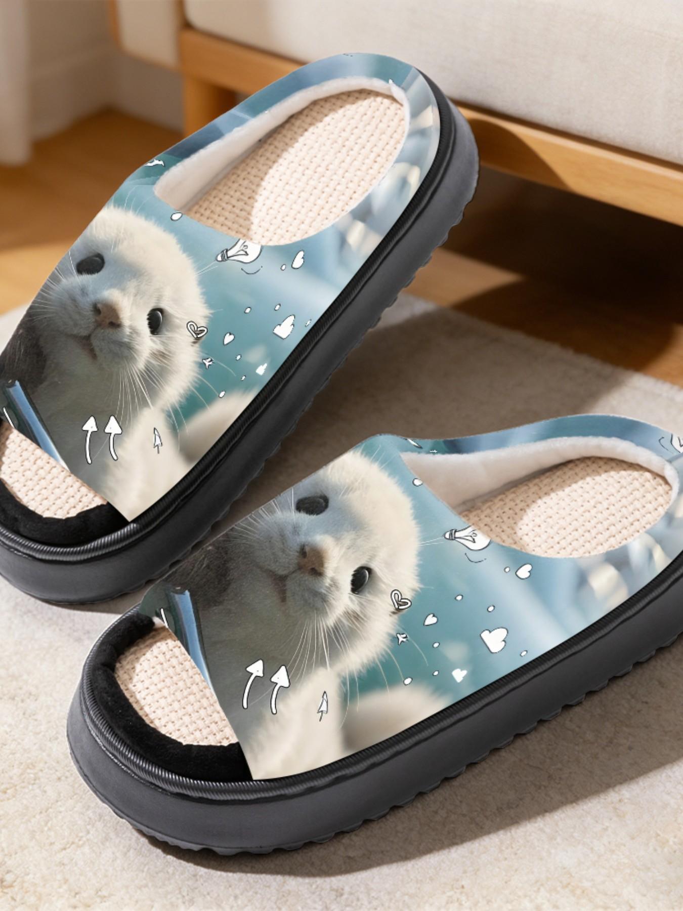 Cute Otter Print Linen Open-Toe Sandals, Casual Textile Eva Sole, Less Than Ankle Height, Cartoon Pattern, All Seasons Footwear