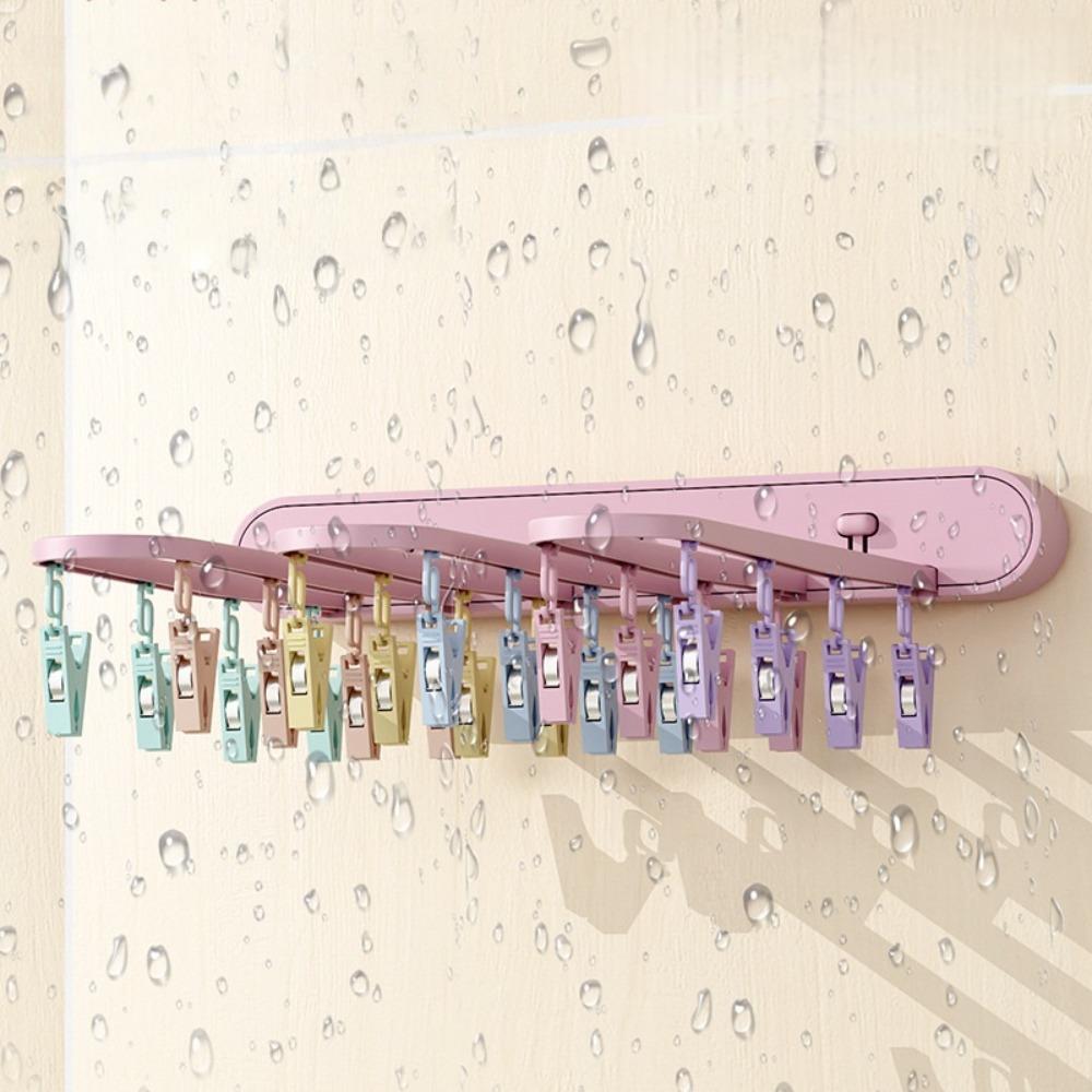 Folding Clothes Drying Rack - Wall-mounted Clothes Hanger with Clips, Space-saving Vertical Drying System, Suitable for Indoor / Balcony / Shower Room Use.