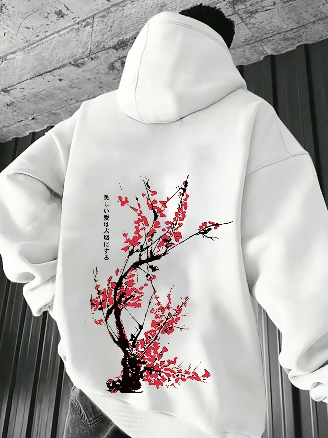 Unisex Japanese Style Cherry Blossom Ink Floral Graphic Print Hoodie, Long Sleeve Casual Loose Fitted Warm Couple Sweatshirt for Fall & Winter
