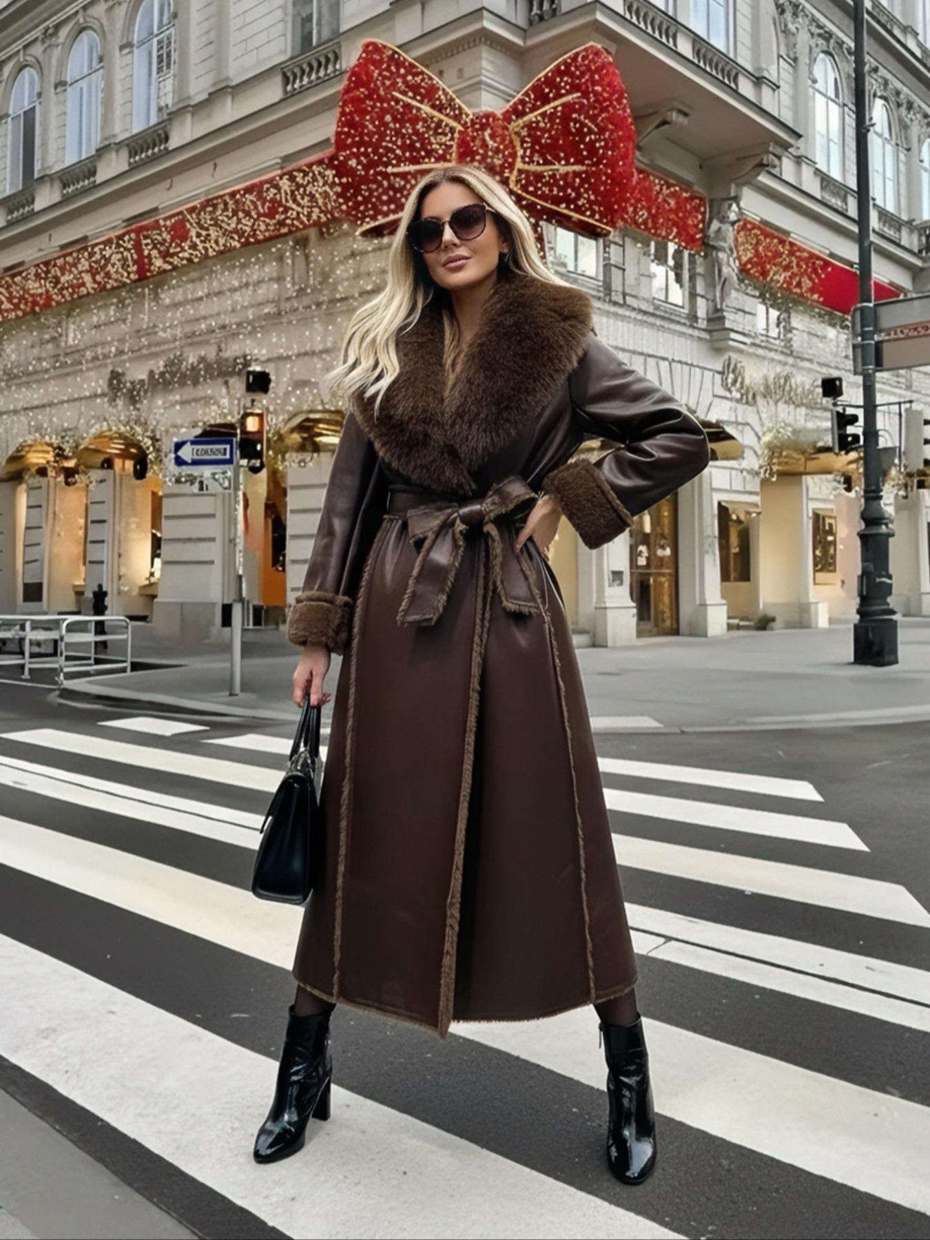Women's Faux Fur Coat, Winter Fashion Long Sleeve Medium-Length Jacket, Retro Outerwear with Relaxed Fit for Winter Daily Wear
