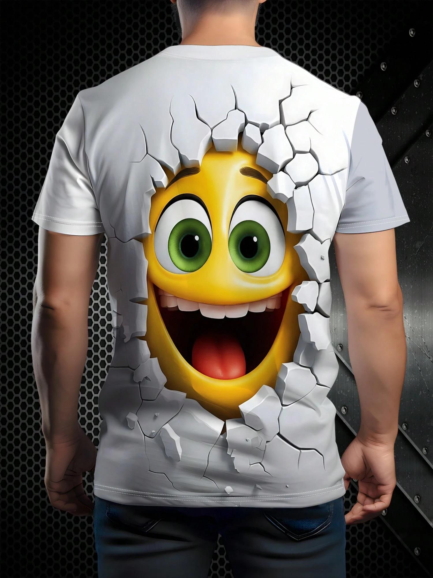 Men's 3D Emoji Print T-Shirt, Fun Wall Pattern Short Sleeve Top, Casual Streetwear, Fitted Design, with Collar, Random Print