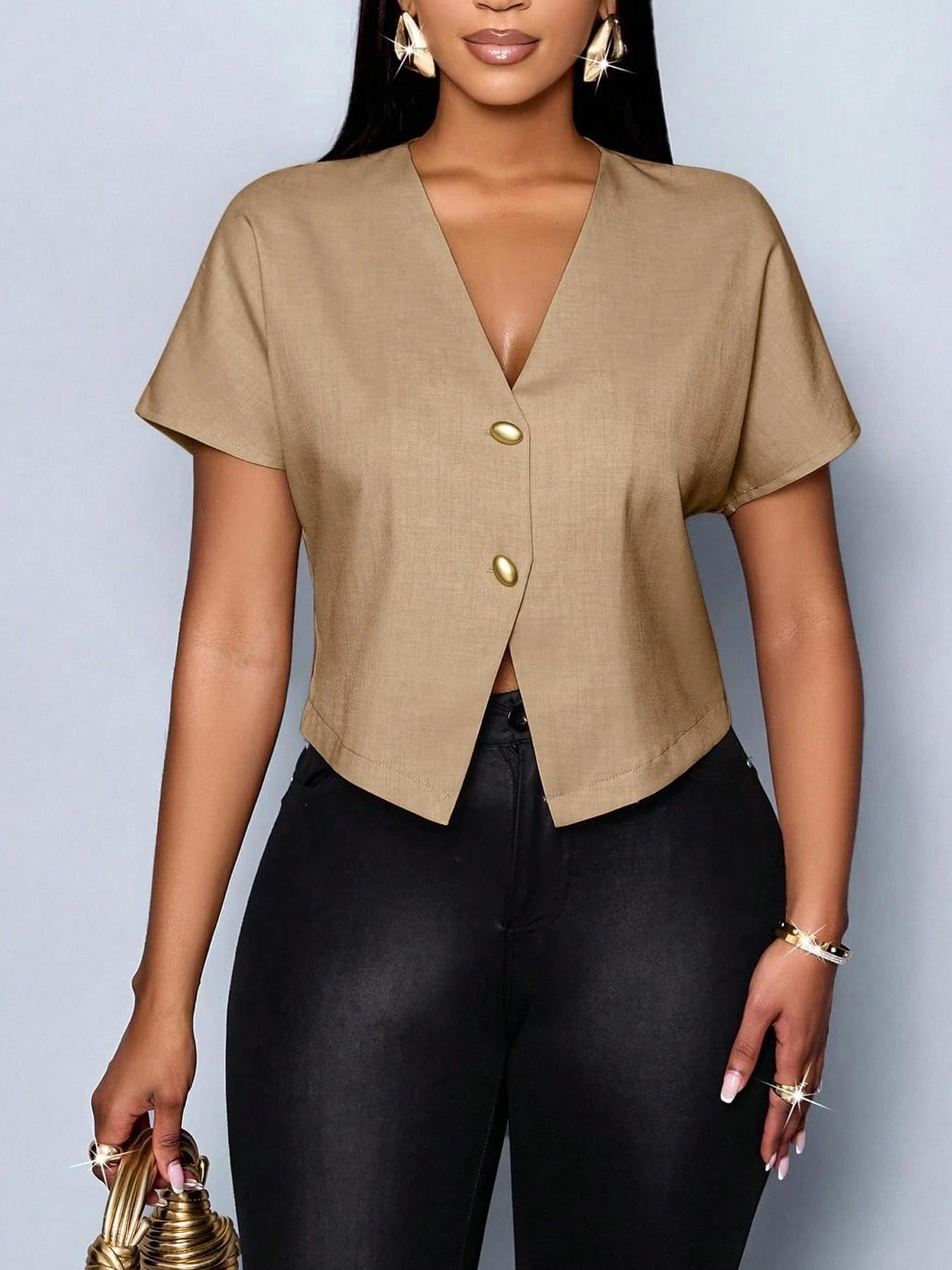 1 piece Women's Solid Color V-neck Short-sleeved Blouse Shirt Top, suitable for commuting, stylish and elegant.
