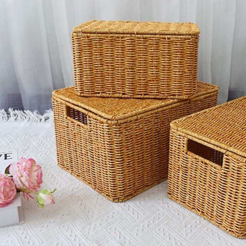 Woven Storage Basket, 1 Count Rattan Storage Box with Lid, Desktop Storage Basket for Home Living Room Bedroom, Home Organizer
