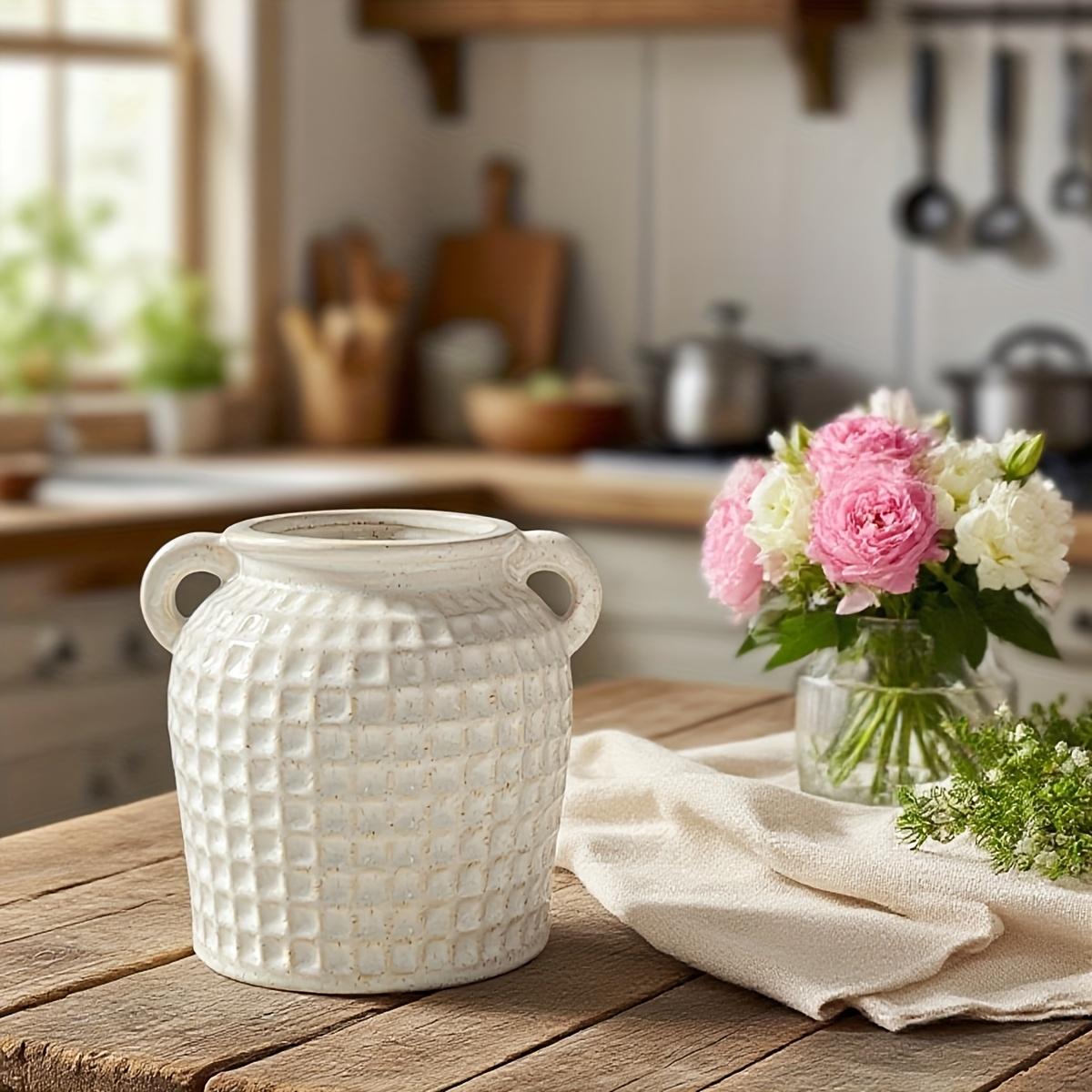Retro-Style Double-Handled Ceramic Vase, Unique And Multifunctional, Ideal for Holding Cutlery And Flowers, Perfect for Decorating a Country-Style Kitchen, Dining Room, Or Living Room, Featuring Hydroponic Planting Design, Home Decor Vase