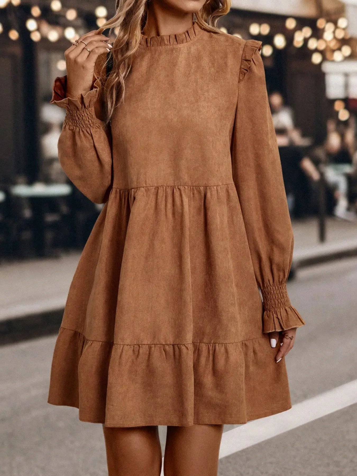 Women's Fall Long Sleeve Babydoll Dress | Ruffle Crew Neck Mini Dress, Ruffled Casual Loose Fit Swing Dress, Soft Suede Texture, Cute Boho Autumn Dress for Daily Wear, Vacation, Date Night, Family Photos, Thanksgiving & Fall Outfits 2026