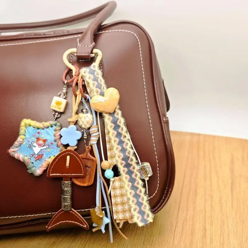 Vintage Coquette Leather Bag Charm | Wishbone Wooden Tag Star Heart Pendant with Braided Cord | Fashion Women's Purse Keychain Bag Accessory