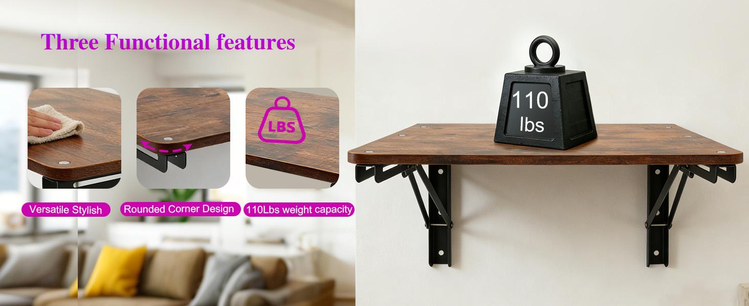 Wooden Folding Shelf Wall Mounted for Small Space, Wall Table for Living Room Bedroom Decor, Home Office Floating Fold Down Desk, Media Shelves with Heavy-Duty Brackets Holds Up to 30lbs, 21.6"*11.8"