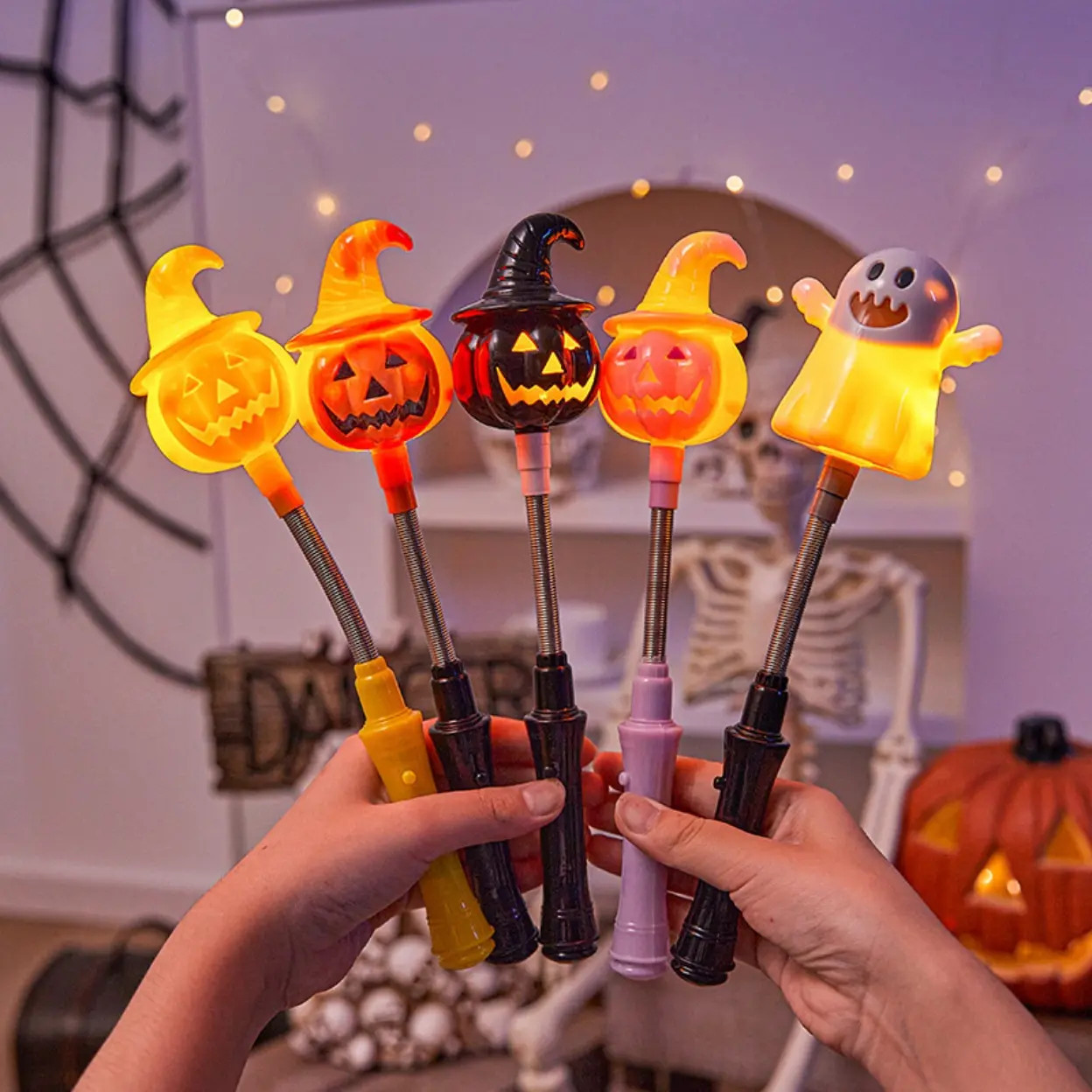 Halloween Light Up Wand Set, Glowing Pumpkin Ghost Witch Hat Spring Stick with Handle, Flashing Spooky Party Favor for Kids Trick or Treat, Holiday Costume Prop & Decoration