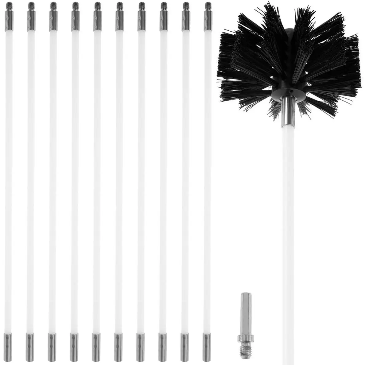 15FT Chimney Sweep Cleaning Kit, 11pcs Duct Vent Cleaning Brush Kit, 3.9" Nylon Brush Heads and 11 Rods Detachable Chimney Sweep Set for Fireplace Dryer Vent Sewage Pipe Fume Hood