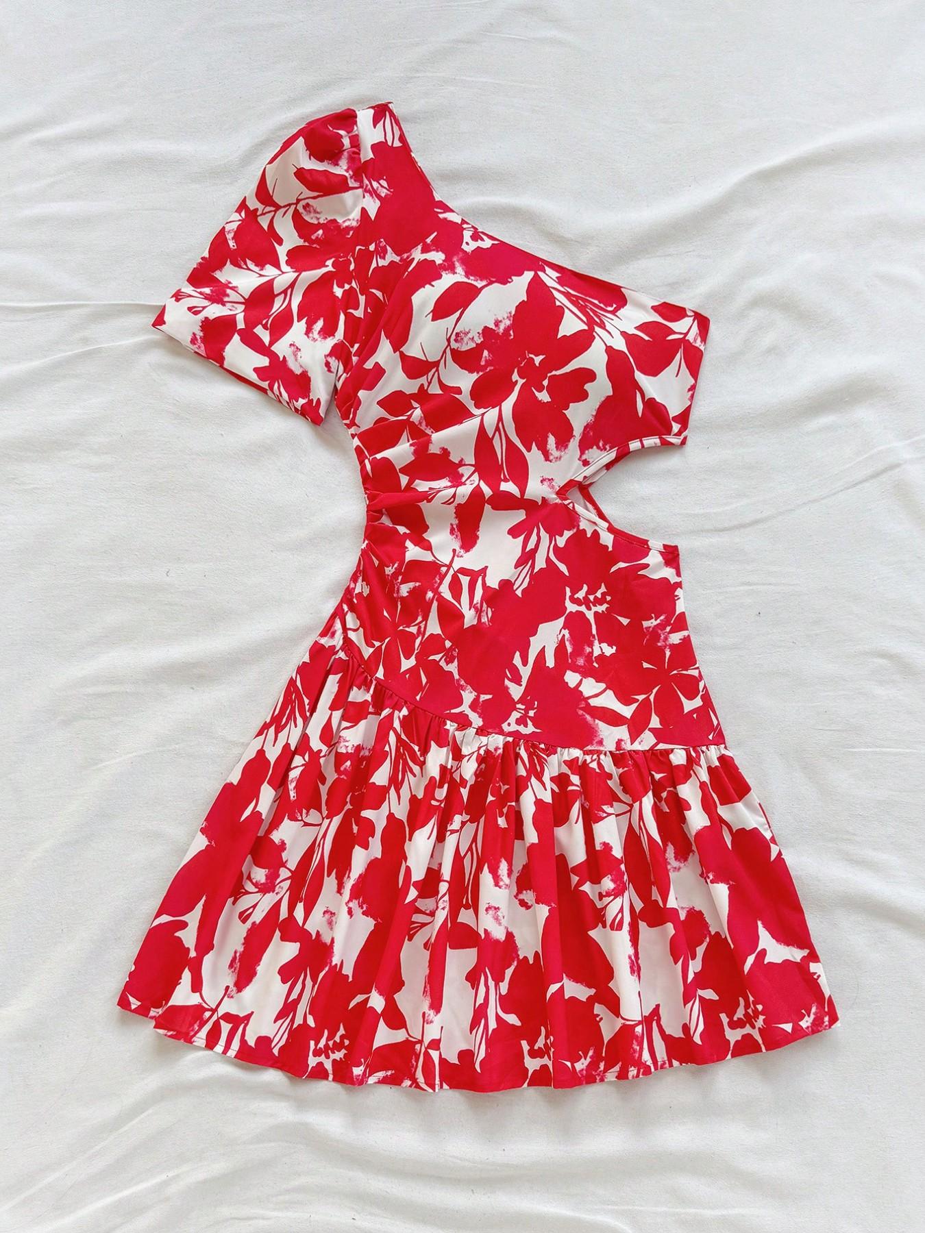 Women's Asymmetrical Neckline Bubble Sleeve Mini Dress, Hollow Waist Floral Print Summer Dress, One Shoulder Vacation Dress